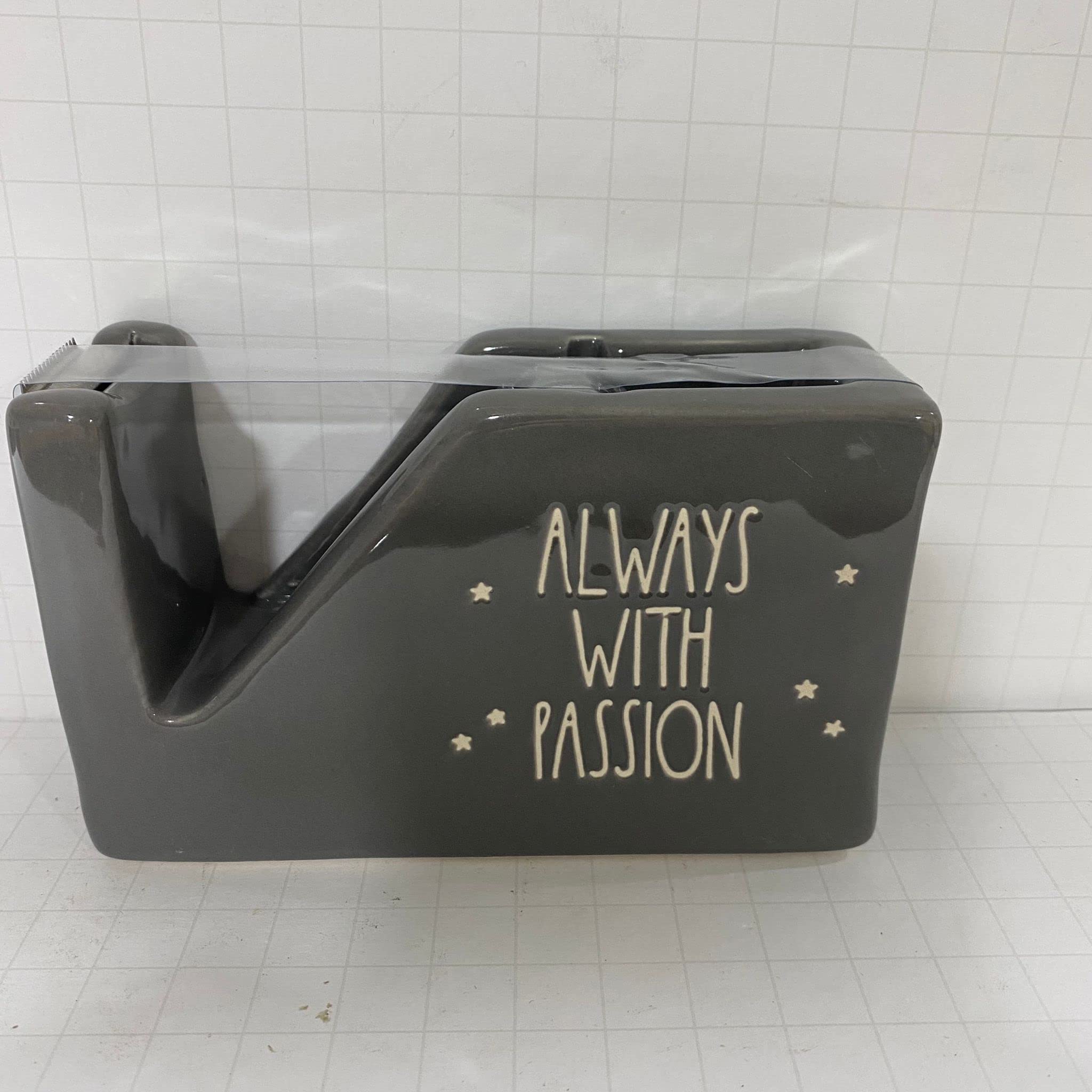 Rae Dunn Always with Passion Ceramic Tape Dispenser with Sparkle Tape - Black - Home & Office Desk Organizer for Gift Giving & Crafting
