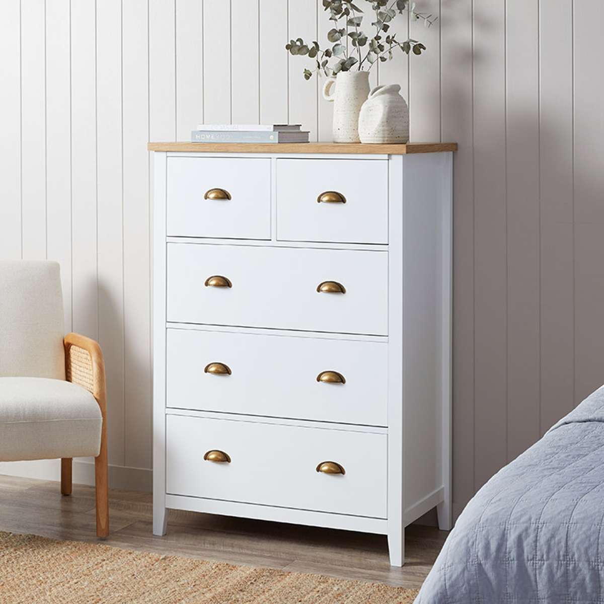 Hastings Tallboy Dresser - White & Natural Wood Finish - Perfect for Bedroom, Living Room, or Nursery Storage