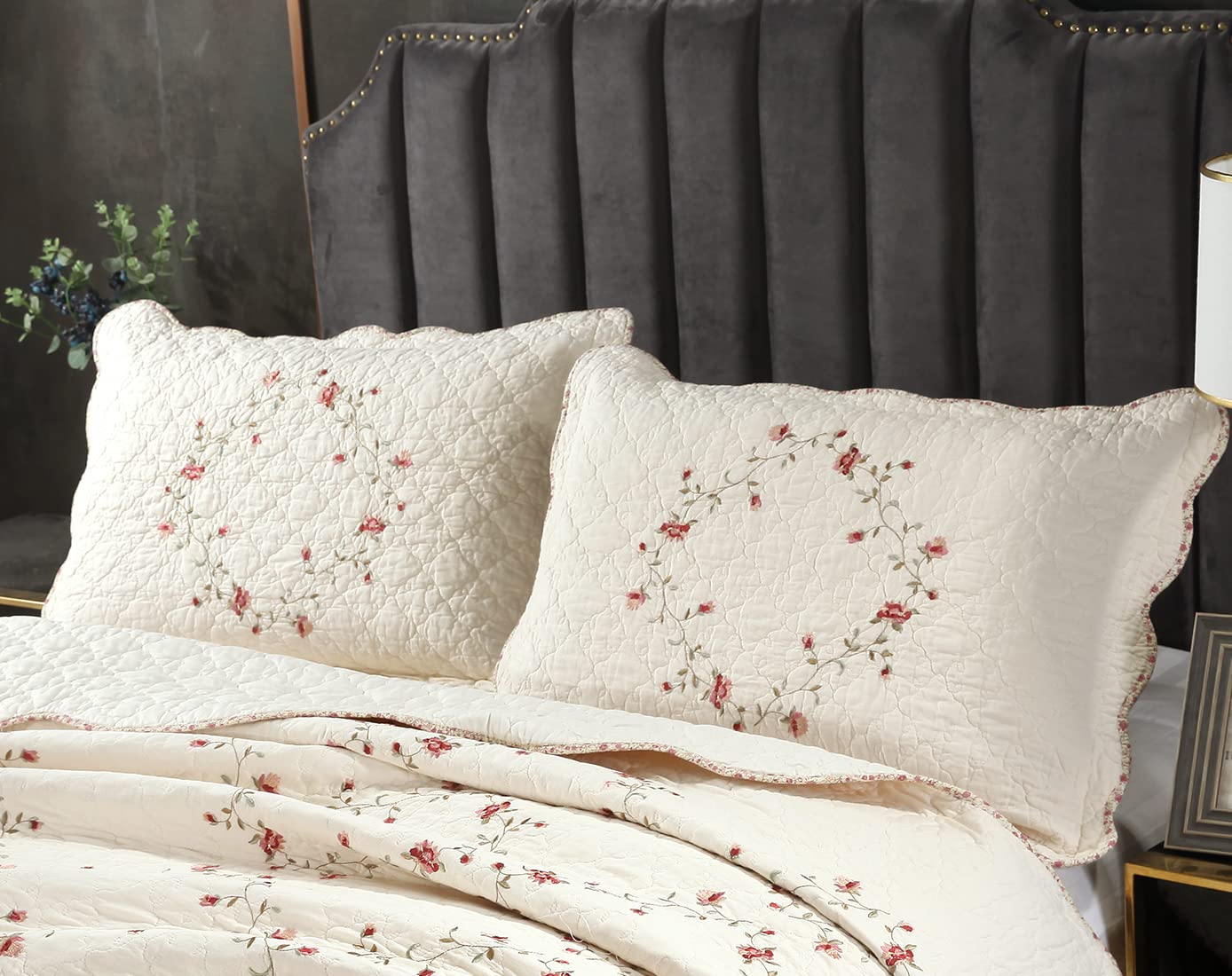 VCTOPS 2-Piece King Size Floral Embroidered Pillow Shams Set - 100% Cotton Quilted Decorative Pillow Covers (20x36 Inches, Cream) for Bedroom, Living Room & Home Decor