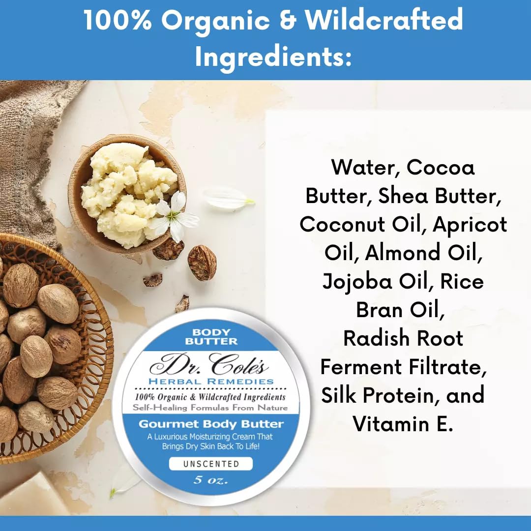 Dr. Cole's Organic Body Butter Cream – 100% Natural Moisturizer for Dry Skin, Hands, Feet & Body | Wildcrafted Ingredients | Hydrating & Revitalizing Treatment | Perfect for Daily Skincare, Spa Days & Gift Giving