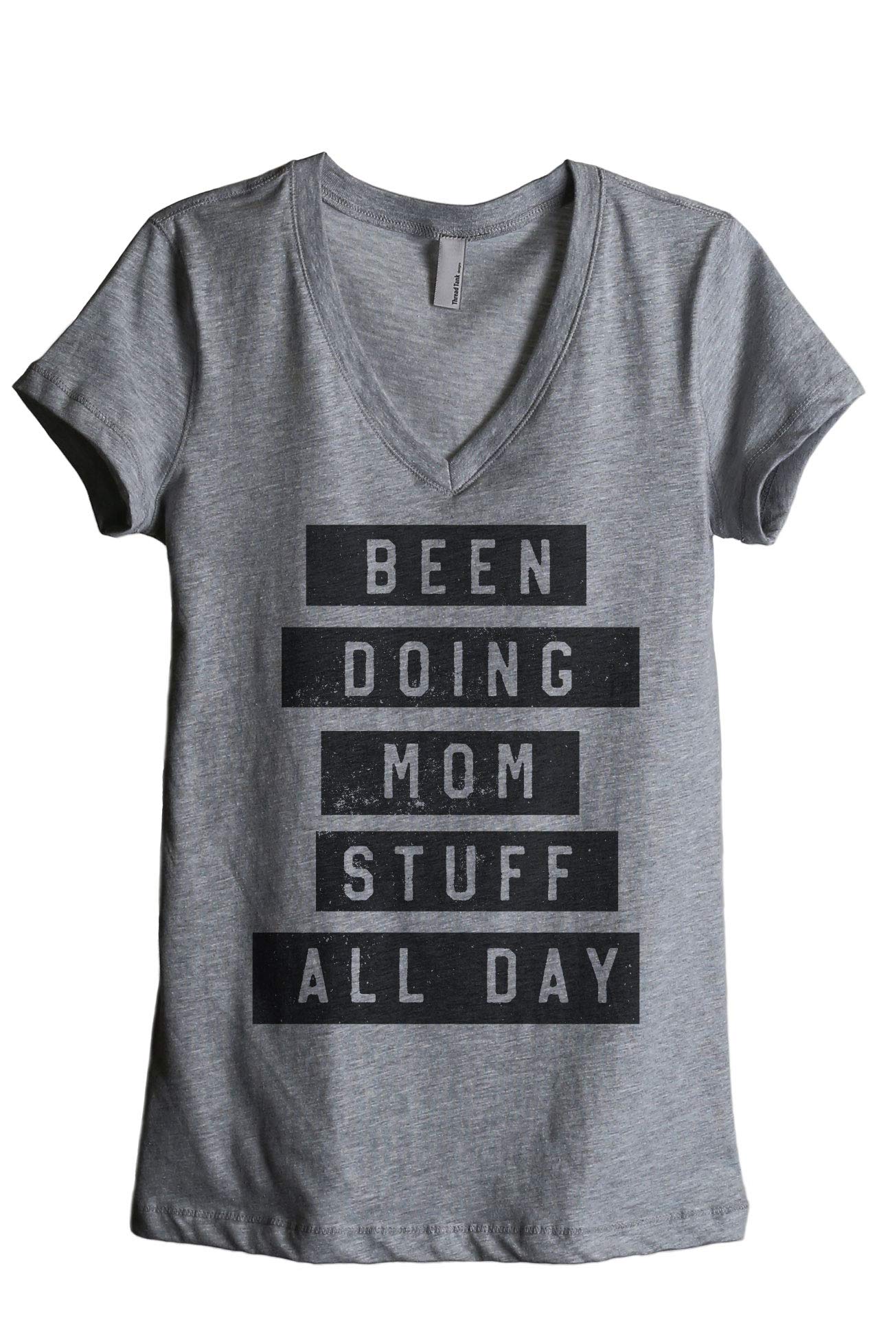 Comfy Women's Relaxed V-Neck T-Shirt - 'Been Doing Mom Stuff All Day' Funny Graphic Tee for Casual Wear & Mom Life