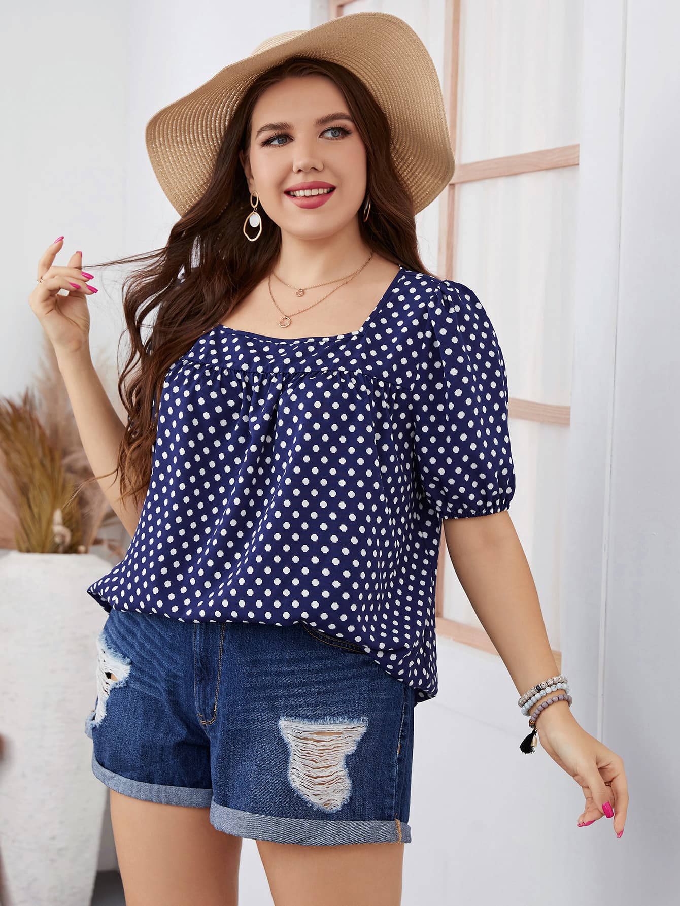 Stylish Plus Size Polka Dot Vacation Blouse for Women - Flowy Resort Shirt for Beach Getaways, Summer Travel & Casual Outings