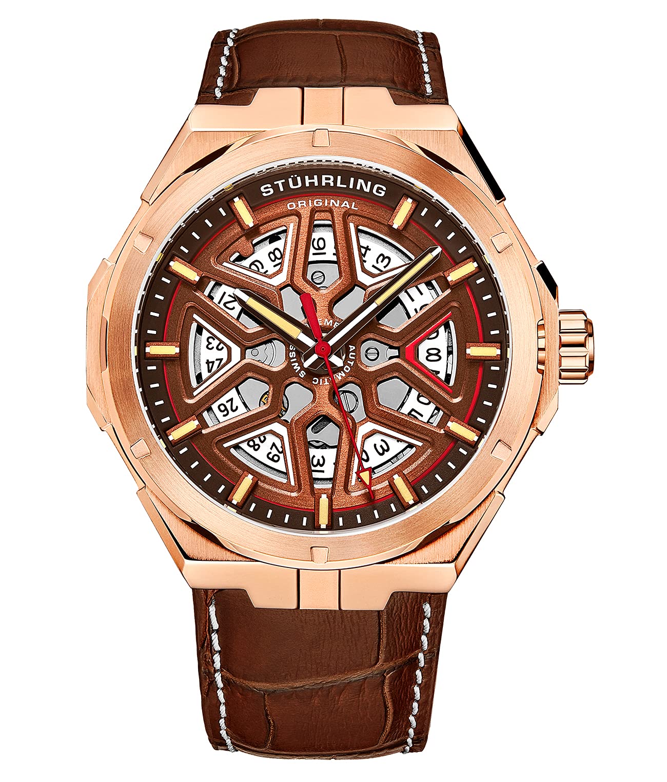 Stuhrling Original Men's Swiss Automatic Skeleton Watch - Self-Winding Mechanical Dress Watch with Leather Strap for Business & Formal Occasions