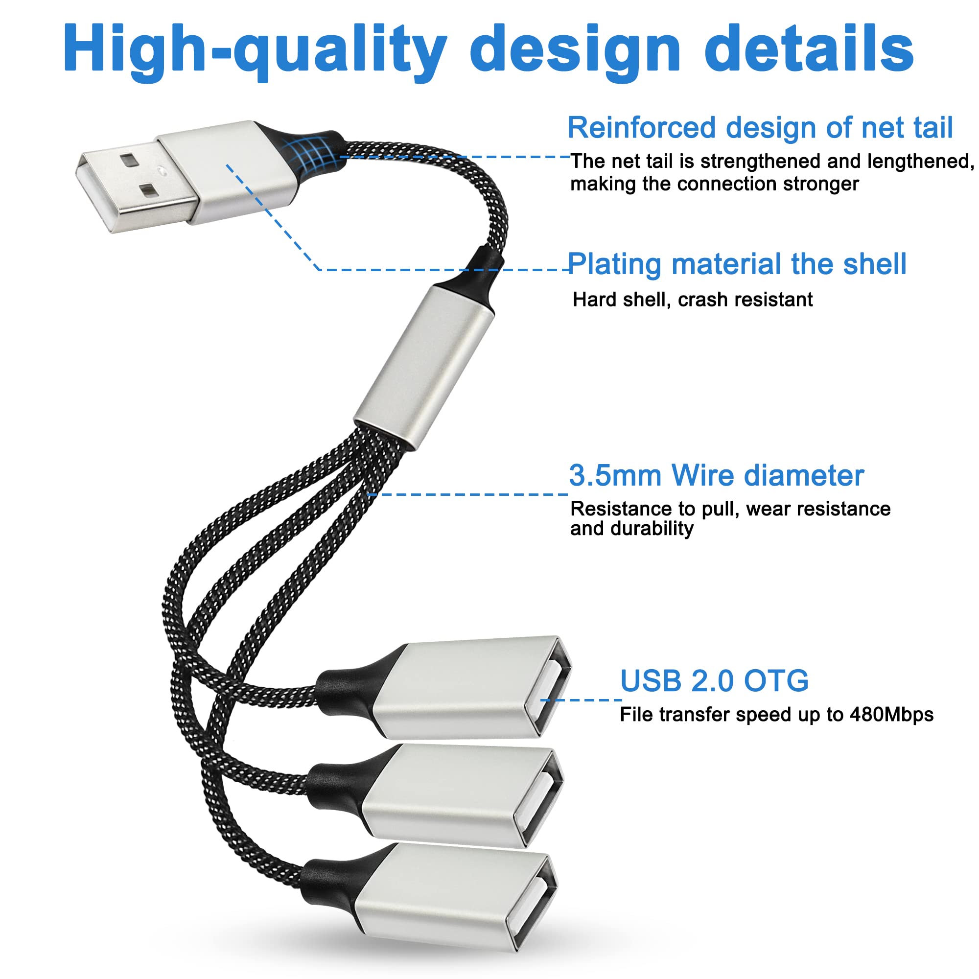 MEIRIYFA 3-in-1 USB 2.0 Splitter Cable - USB A Male to 3 Female Port Extender Hub for Fast Charging & Data Transfer - Compatible with Smartphones, PC, Laptop, Car - 50cm/1.6ft OTG Adapter - Perfect for Home, Office & Travel Charging Needs