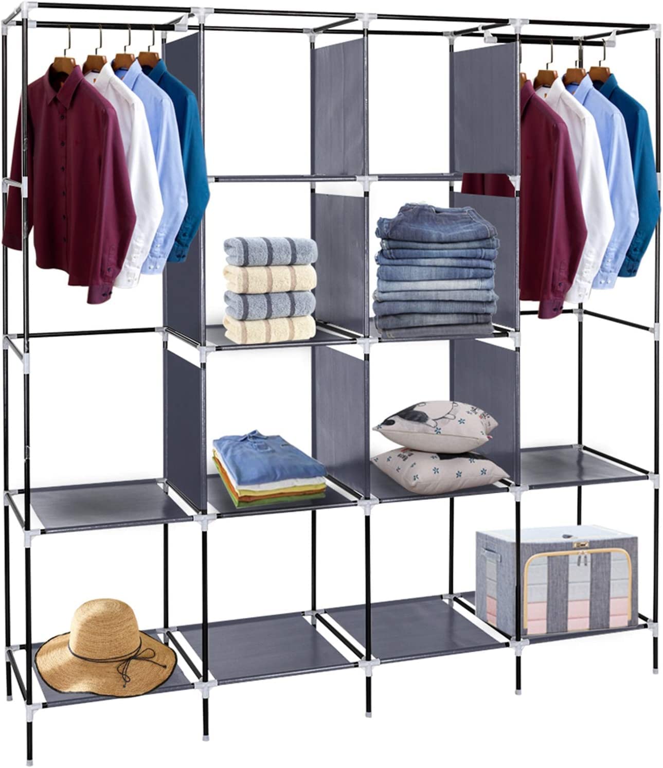 Portable Closet Organizer with Shelves - Heavy Duty Hanging Wardrobe for Clothes Storage | Space-Saving Closet for Bedroom, Dorm, or Travel (Grey)