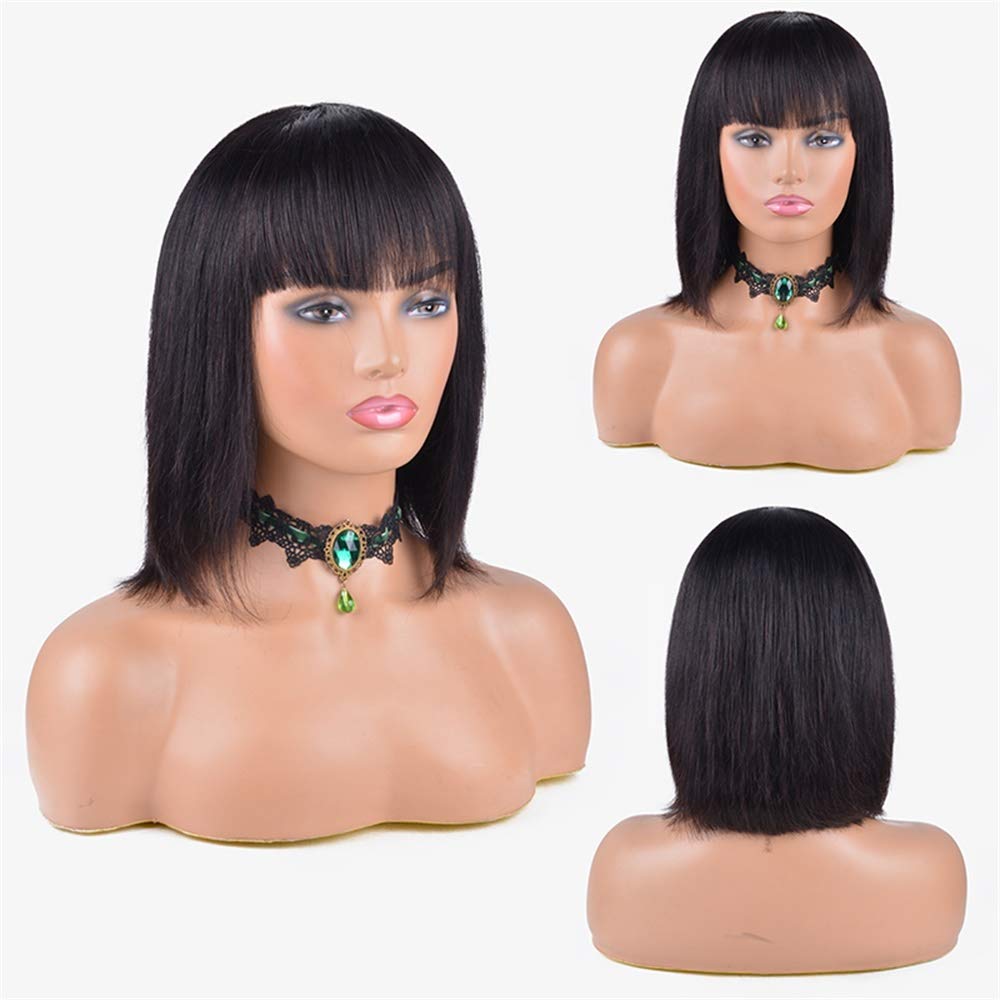 100% Brazilian Virgin Human Hair Short Bob Wigs with Bangs - 12 Inch Straight Glueless Machine Made Wig for Black Women | Natural Color | Perfect for Daily Wear, Cosplay & Special Occasions