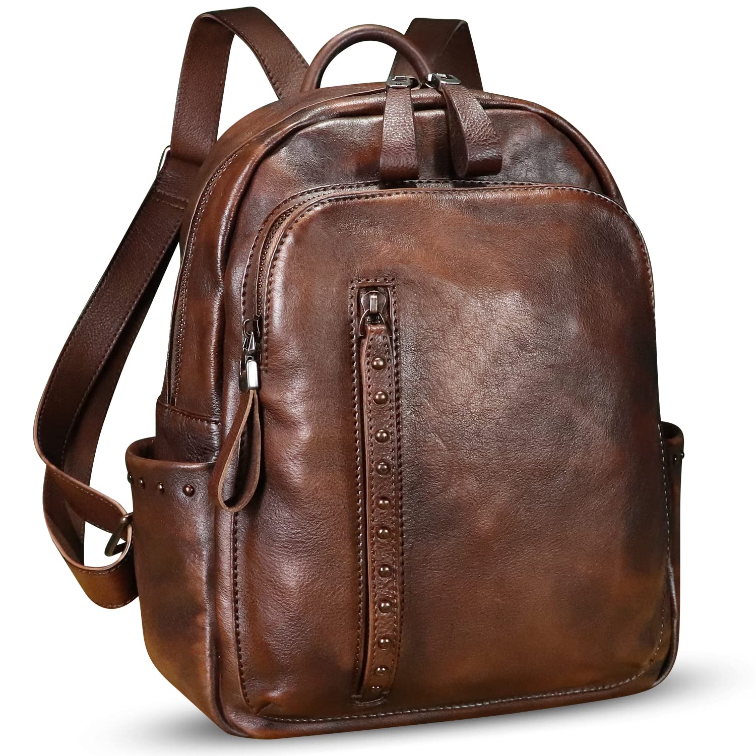 Genuine Leather Backpack Purse for Women - Vintage Cowhide Daypack with Western Rivets, Handmade College Rucksack (Coffee) - Perfect for School, Travel & Casual Outings