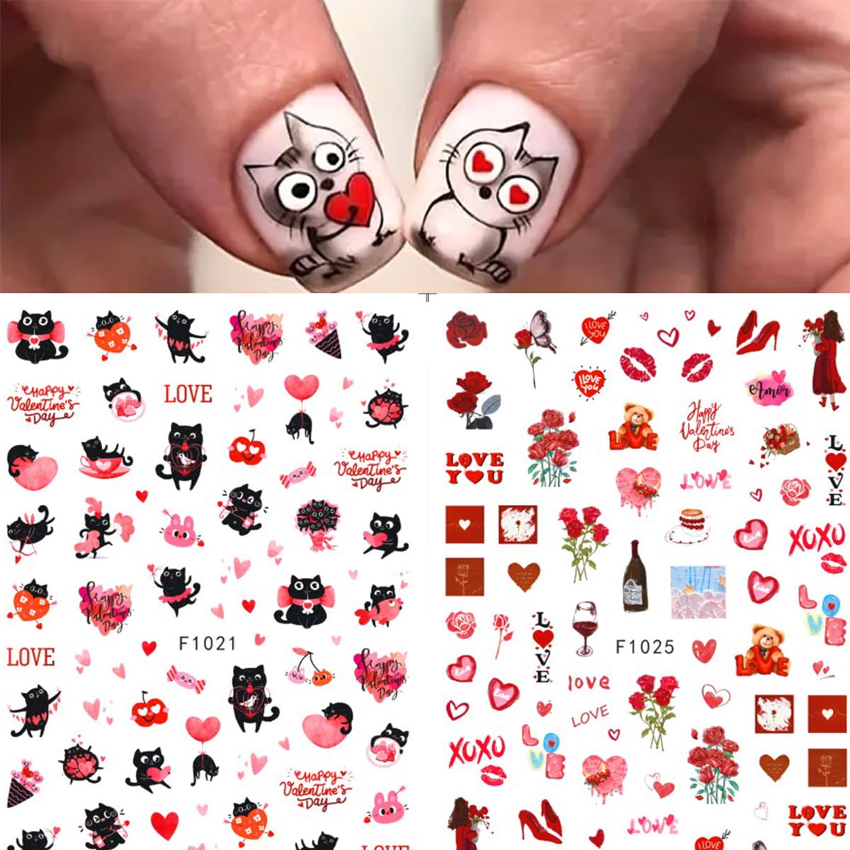 Valentine's Day 3D Heart Nail Stickers - 8 Sheets Self-Adhesive Nail Art Decals with Red Pink Rose & Sexy Lips Design for DIY Manicure | Perfect for Women's Nail Decoration, Date Night, Bridal Shower & Party Nails
