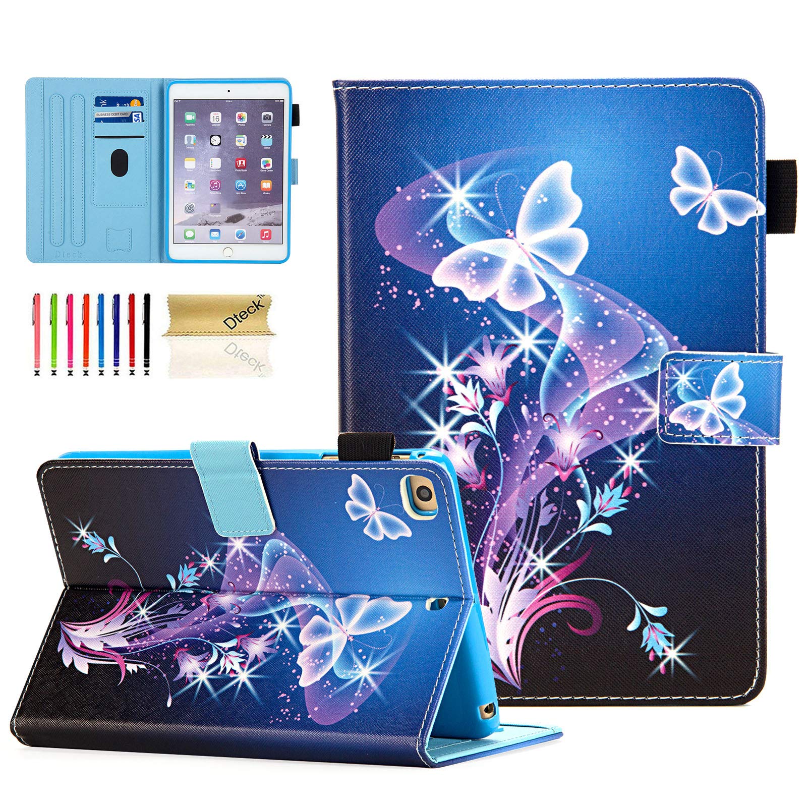 Dteck Leather Folio Case for iPad Mini 1/2/3/4/5 - Slim Protective Cover with Auto Sleep/Wake, Card Holder & Stand | Cute Purple Butterfly Design | Perfect for Work, Travel & School | Compatible with 7.9-Inch iPad Mini