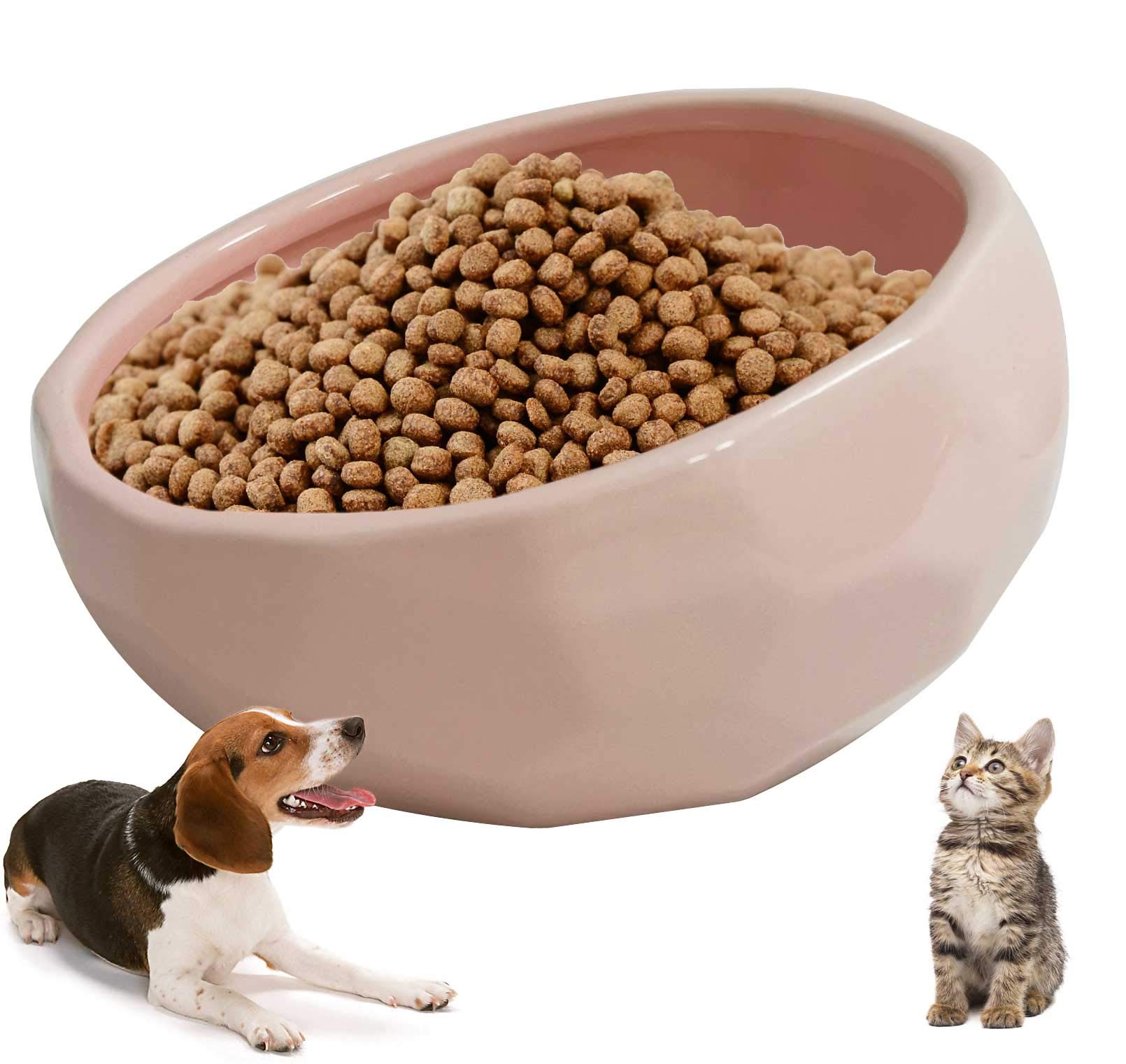 Kathson 7-Inch Ceramic Slanted Dog Bowl - 15° Tilted Pet Food & Water Dish for Cats & Dogs - Heavy Weighted Non-Slip Feeder for Wet/Dry Food (Pink) - Perfect for Comfortable Feeding & Reducing Neck Strain