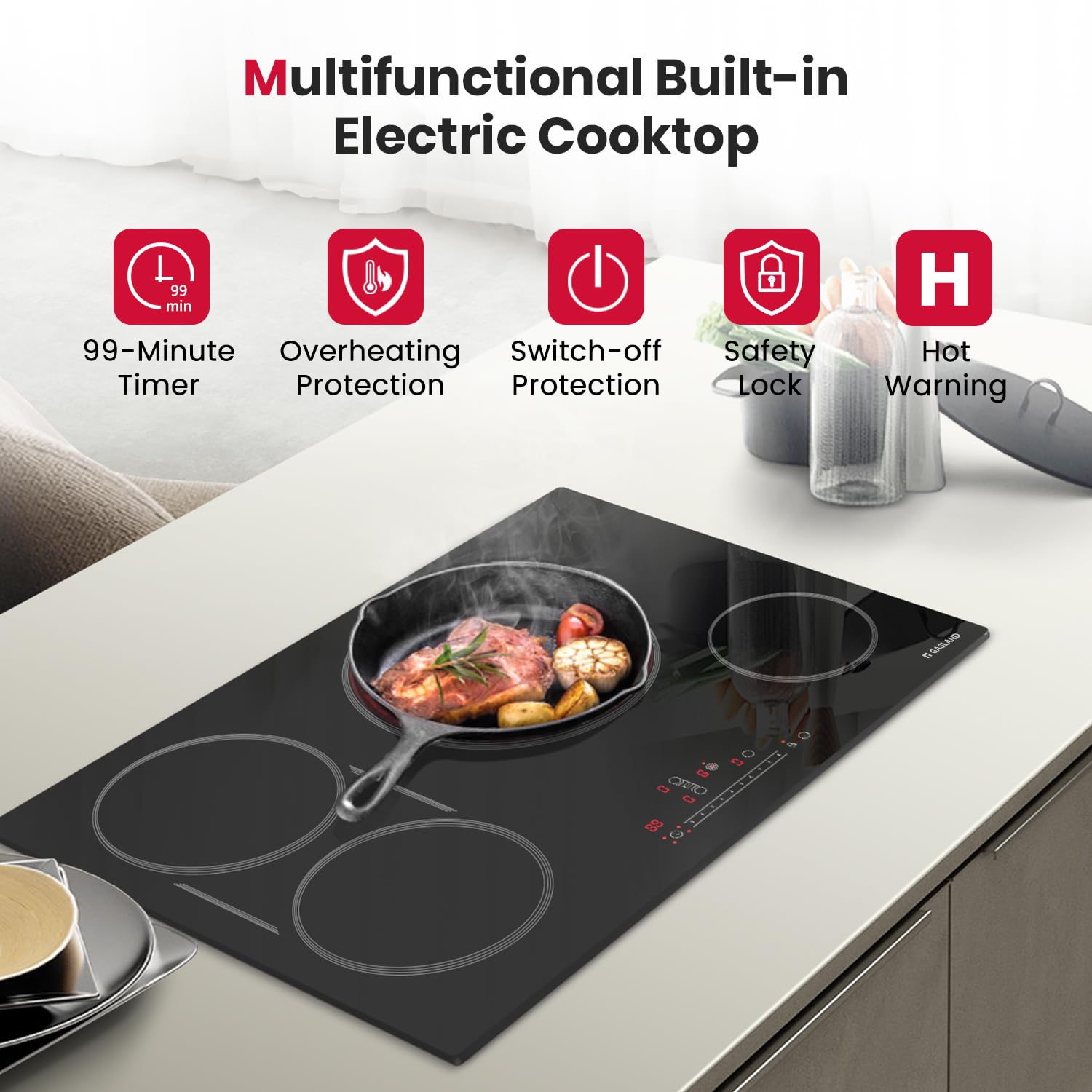 GASLAND 30 Inch Built-in Electric Cooktop with 4 Burners - ETL & FCC Certified, Radiant Ceramic Surface, Sync & Triple Burners, Slide Touch Control, Child Lock, Hot Surface Indicator, 240V - Perfect for Modern Kitchens, Home Cooking & Professional Chefs