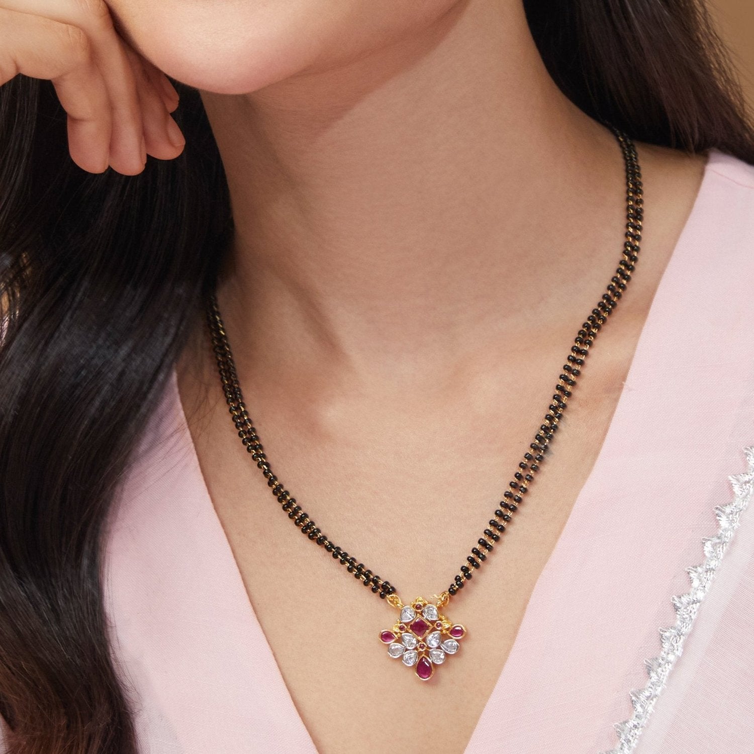 Elegant Rohani CZ Beaded Necklace in White, Red & Black Colors | Perfect for Parties, Weddings & Special Occasions