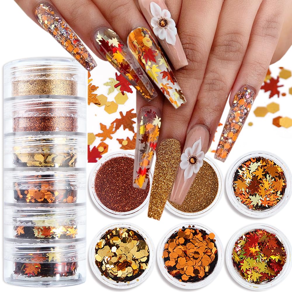 Fall Nail Art Kit - 6 Boxes 3D Gold Maple Leaf Nail Sequins with Glitter Powder in Gold, Yellow & Red | Autumn Leaves Nail Flakes for Acrylic Nails | Perfect for Thanksgiving, Halloween & Fall Nail Designs