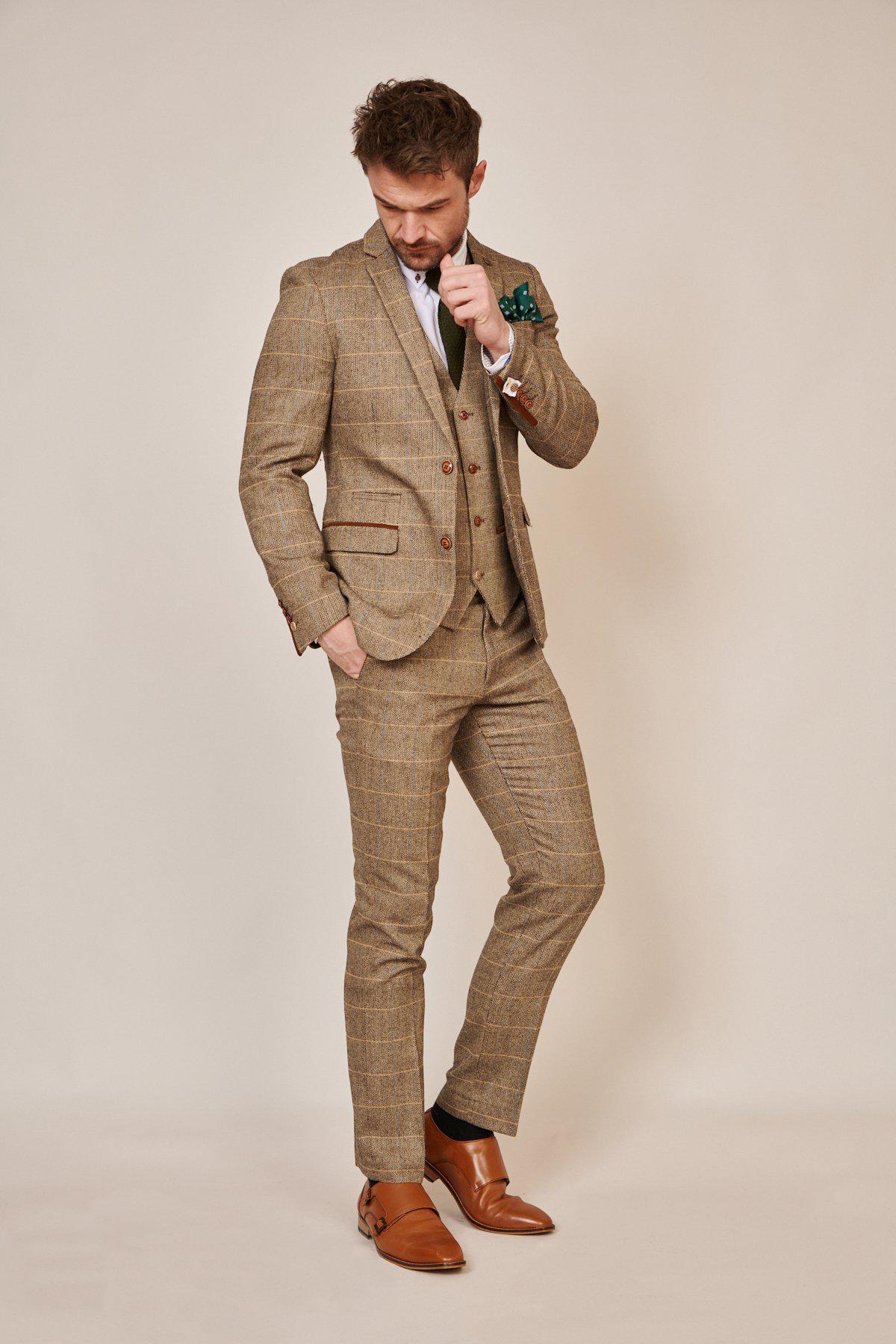Elegant TED Tan Tweed Suit with Dion Waistcoat - Premium Men's Formal Attire for Weddings, Business Meetings & Special Occasions