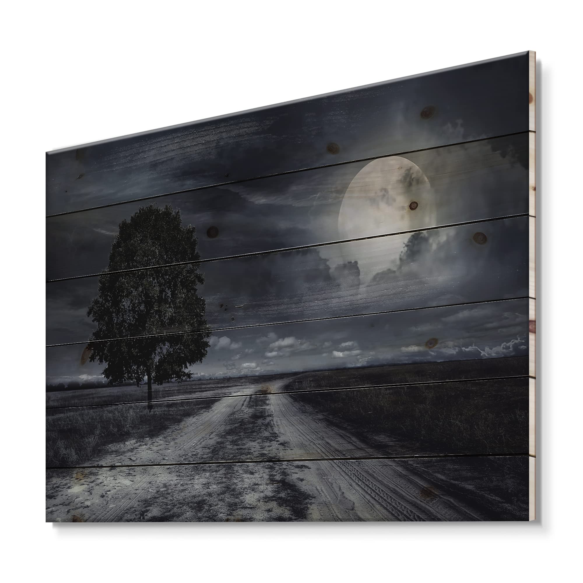 Paved Road Under Full Moon - Nautical Coastal Wood Wall Decor - Black Wood Wall Art - Large Landscape Wood Panel Printed on Natural Pine - Home Office Beach House Decor