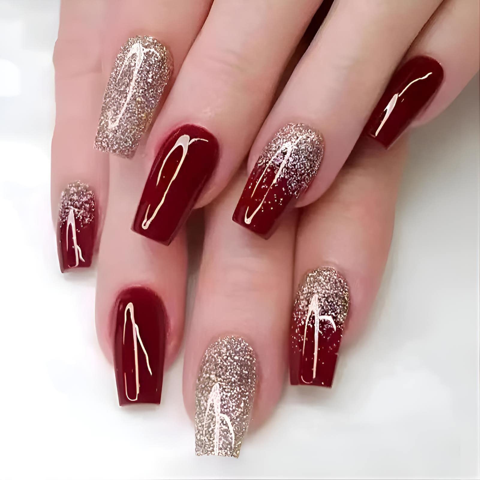 Medium Long Press On Nails Square - Flash Gold Powder Wine Red Acrylic Full Cover False Nails Set with Nail Glue | Reusable Stick On Fake Nails for Women & Girls | Perfect for Parties, Weddings & Special Occasions