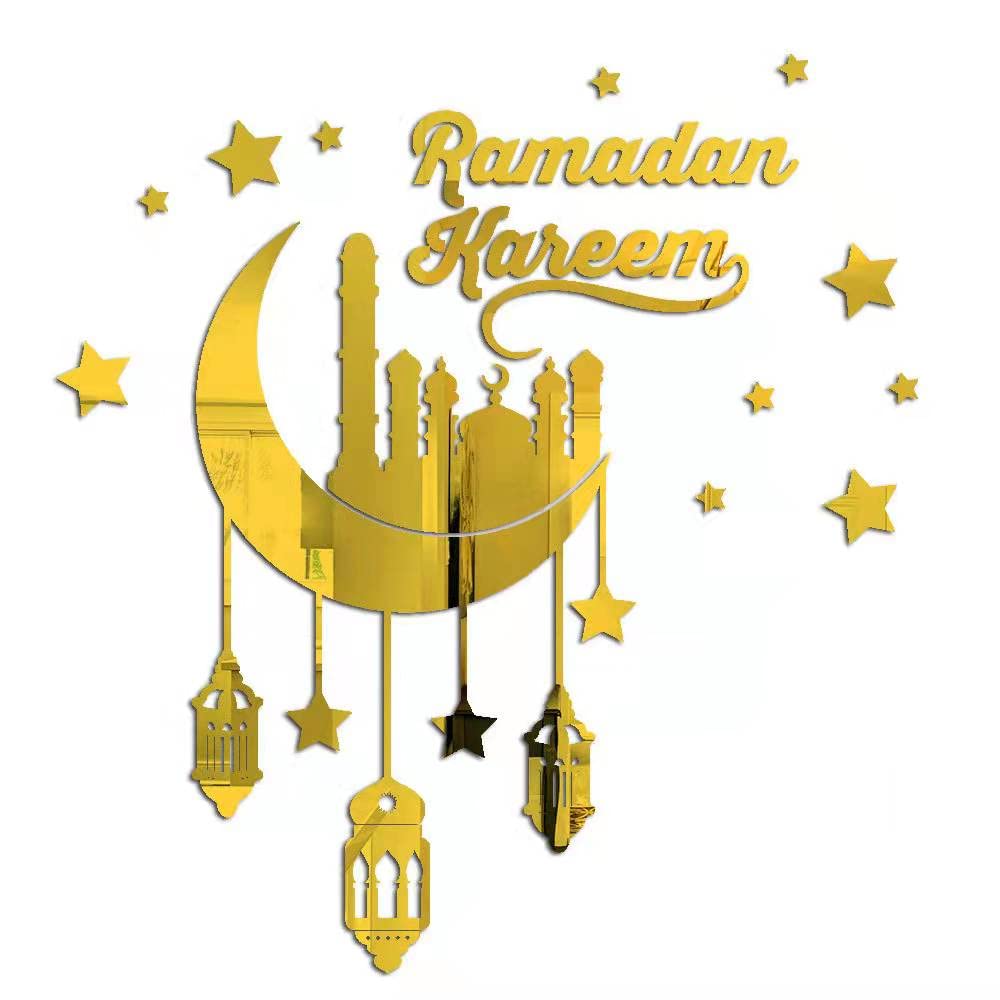 Ramadan Kareem Stickers Decorations - Islamic Wall Decals for Eid Al Adha, Star & Moon Mirror Decor - Self-Adhesive Home & Bedroom Decorations for Ramadan Celebrations