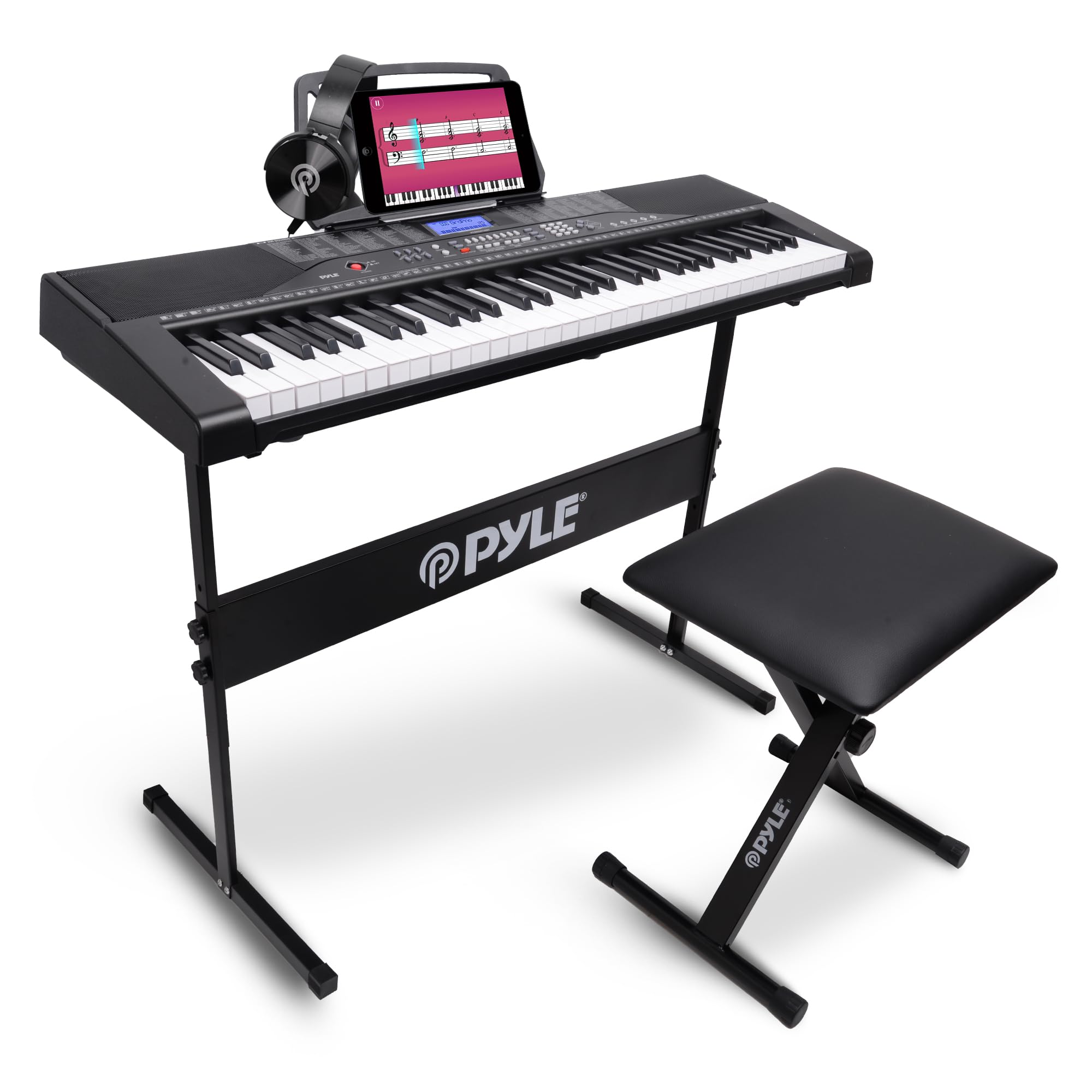 PYLE 61-Key Portable Electric Keyboard Piano with LCD Display, Karaoke Function, Headphones, Stand & Stool - Ideal for Beginners, Home Practice & Music Lessons