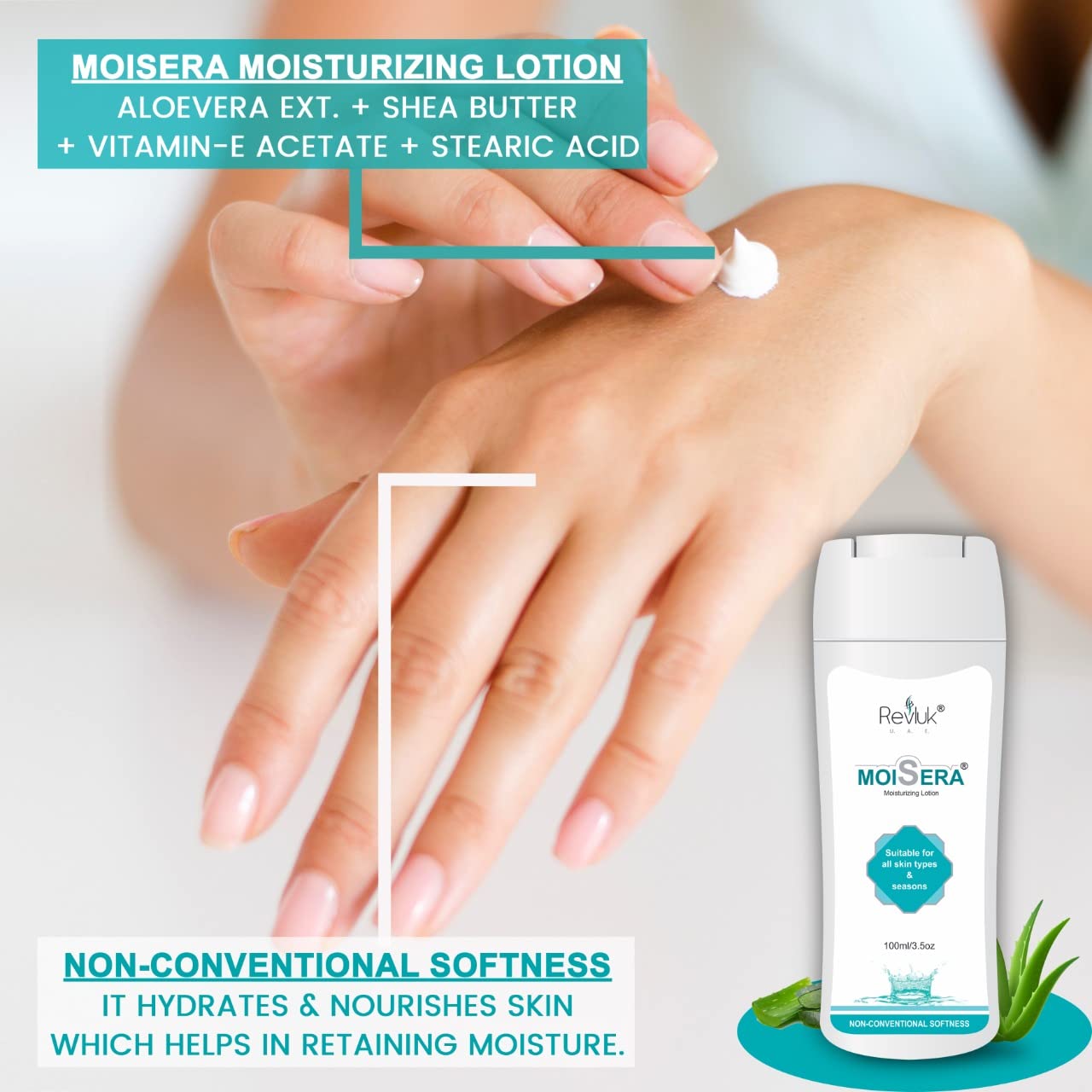 Revluk-Moisera Vitamin E & Aloe Vera Moisturizing Lotion with Almond Oil & Niacinamide - Hydrating Face & Body Cream for Dry, Sensitive & All Skin Types - 100ml | Daily Skincare Routine & Night Care