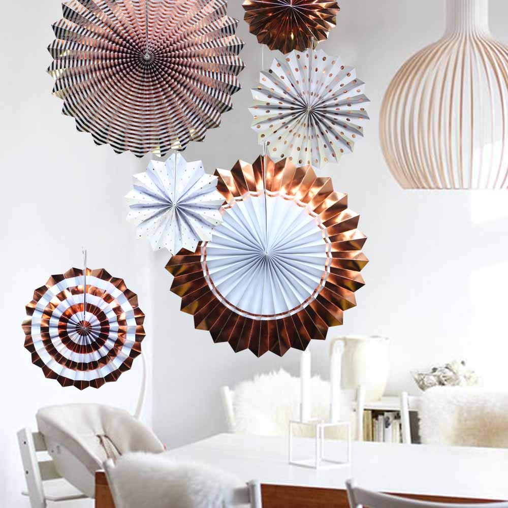 Rose Gold Paper Fans - Set of 6 Wedding Party Decorations for Birthday, Carnival & Welcome Events - Elegant Floral Backdrop for Photo Booths, Baby Showers & Bridal Showers