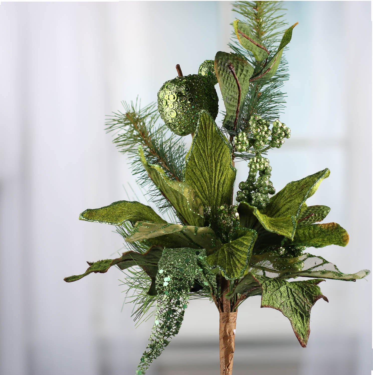 Wholesale Green Sparkling Velvet Artificial Poinsettia with Fruit Picks - Christmas Holiday Decorations, Wedding Centerpieces & Home Decorative Arrangements