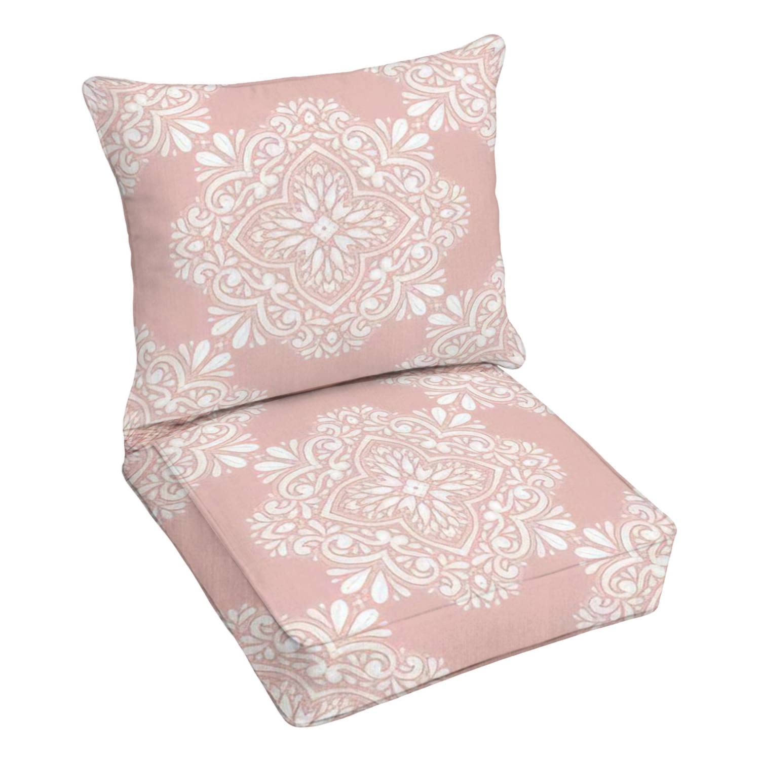 Premium Outdoor Deep Seating Cushion Set - Pink & White Vintage Paisley Design - Waterproof Patio Furniture Replacement Cushions for Lounge Chairs, Sofas & Conversation Sets - Perfect for Backyard, Poolside & Garden Relaxation