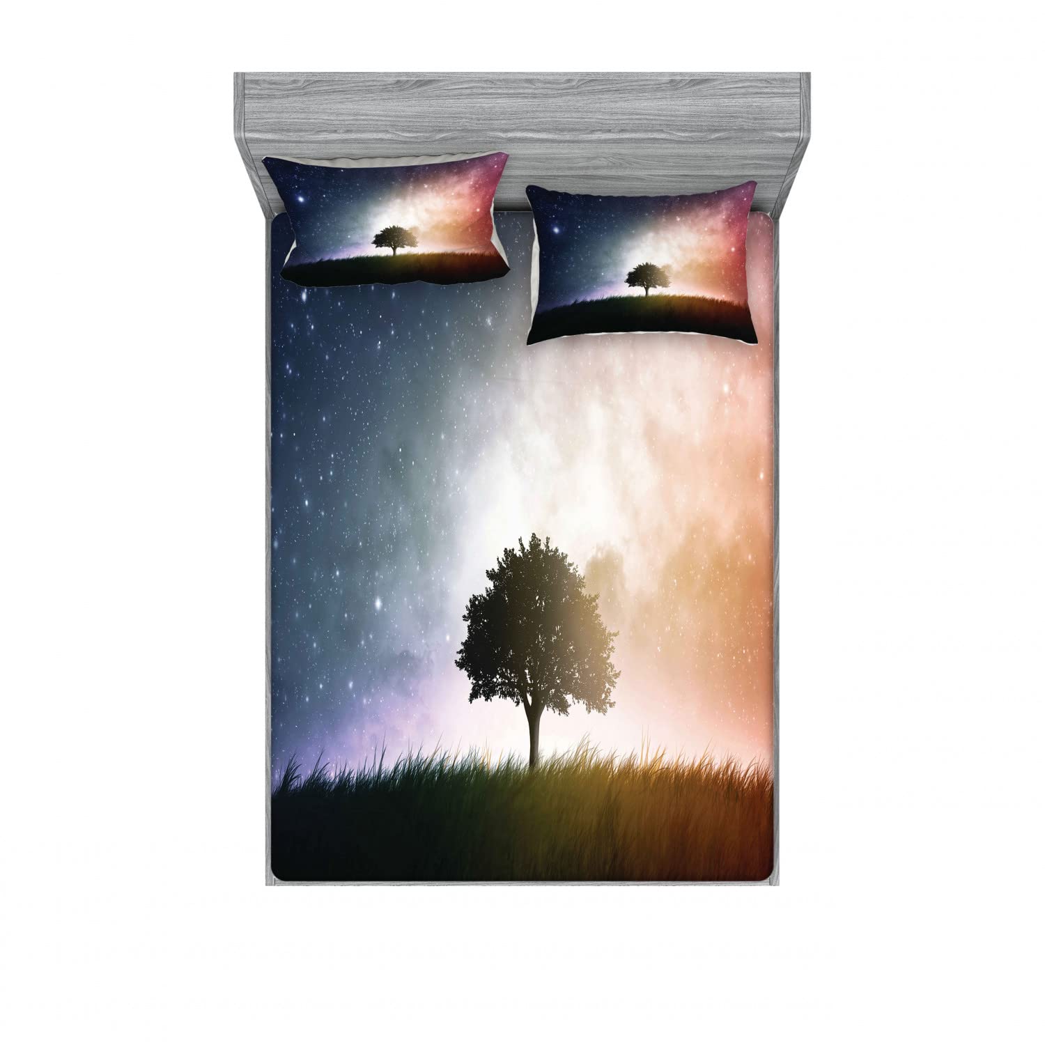 Ambesonne 2-Pack Space Themed Bedding Set - Full Size Fitted Sheets & Pillow Shams, Tree in Field with Stars Design, 4-Piece Magenta and Blue Bedding Decor for Adults - Perfect for Galaxy Themed Bedrooms, Dorm Rooms & Space Enthusiasts
