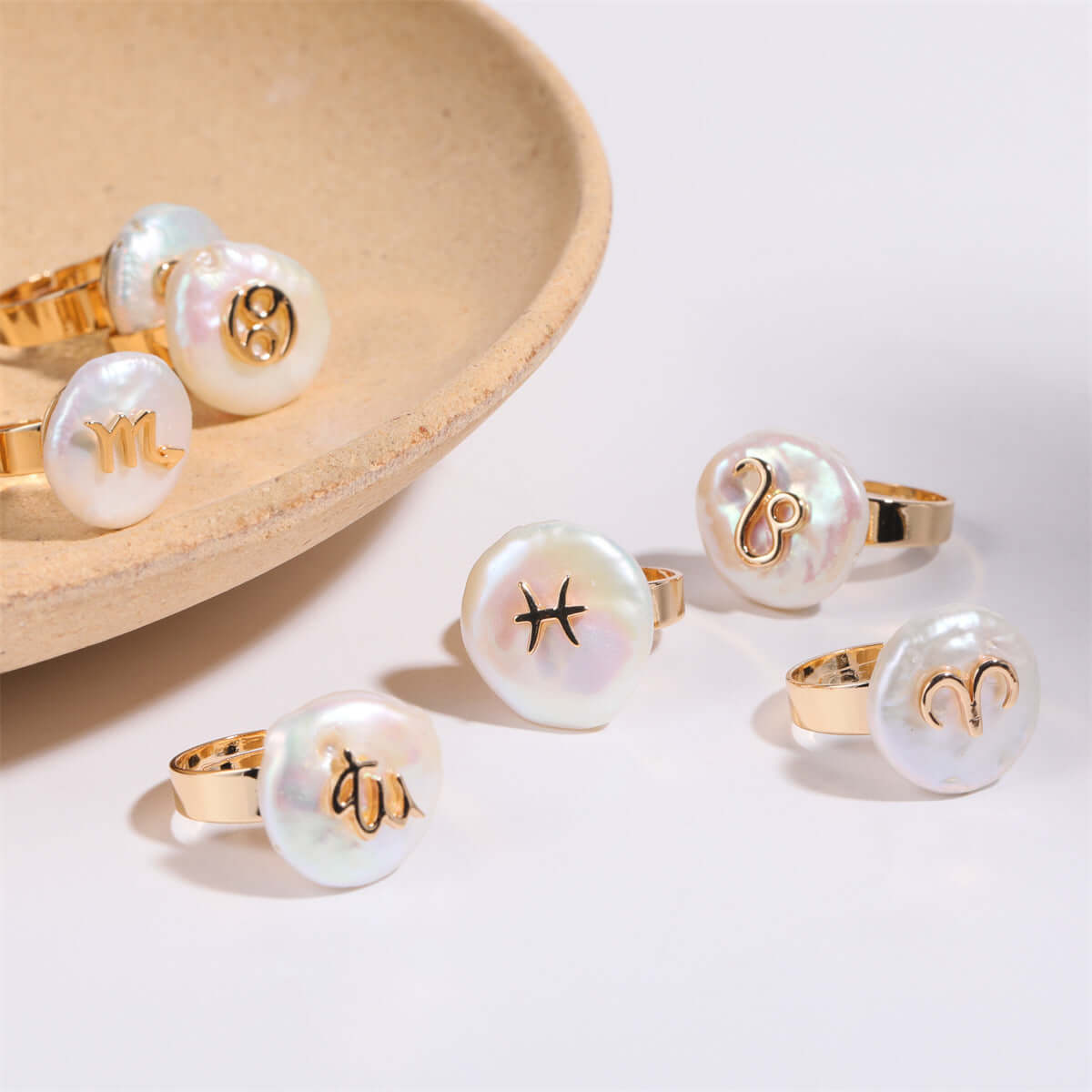 14K Gold Zodiac Sign Pearl Stacking Ring - Aries, Taurus, Gemini, Cancer, Leo, Virgo, Libra, Scorpio, Sagittarius, Capricorn, Aquarius, Pisces | Elegant Dainty Jewelry for Women | Perfect for Birthday Gifts, Anniversary, Valentine's Day & Everyday Wear (MQ801)