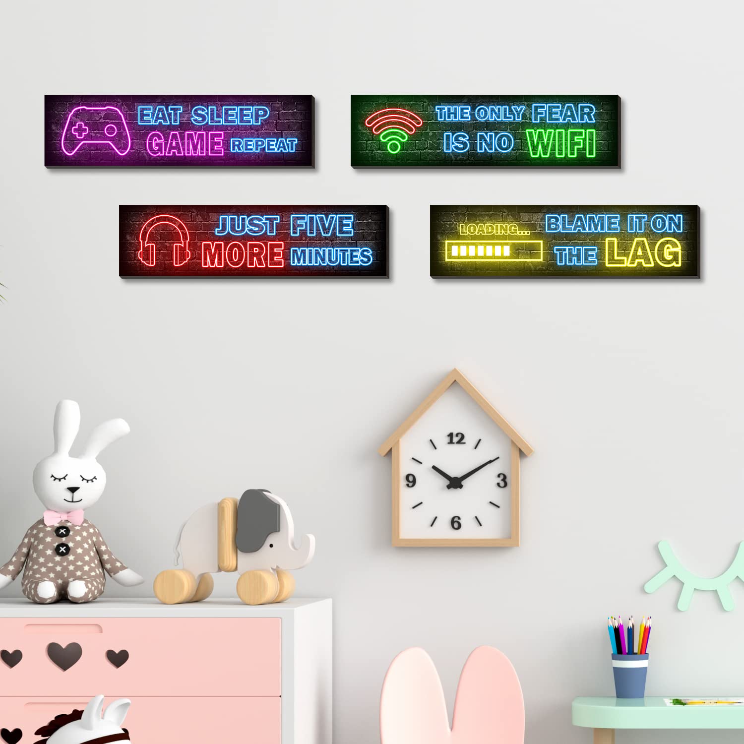 4 Pcs Neon Gaming Posters - Cool Gamer Wall Art Decor for Teen Boys Bedroom, Wooden Frame, Perfect for Gaming Room & Man Cave Decorations
