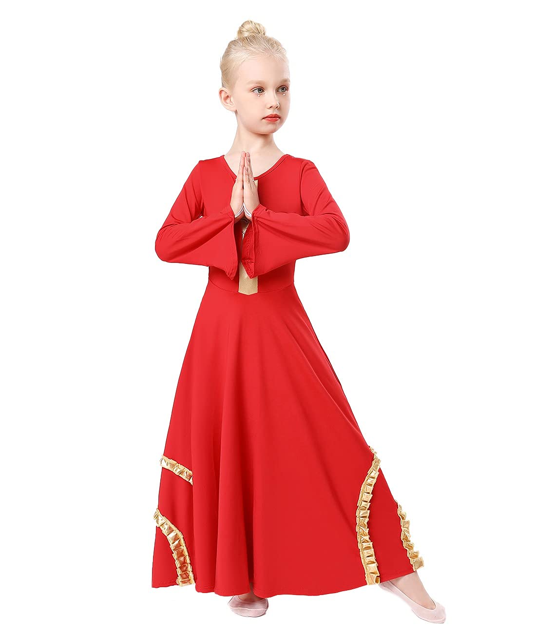 MYRISAM Girls Praise Cross Dance Robe Worship Dress - Bell Sleeve Metallic Ruffles Lyrical Liturgical Wide Swing Praisewear for Church Performances, Choir Concerts & Easter Celebrations