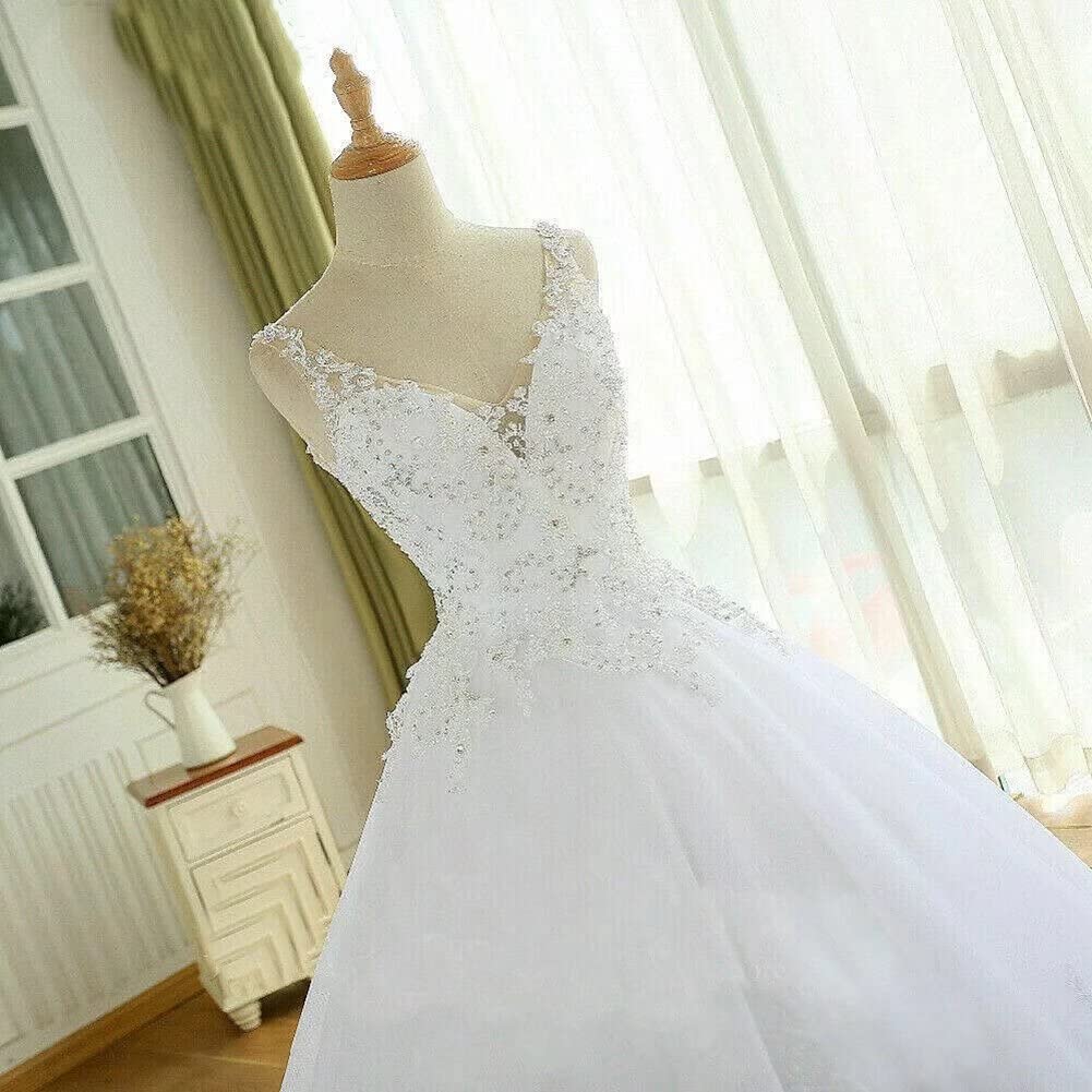 TRHTX Women's V-Neck Lace Wedding Dress with Beaded Appliques - Elegant Sleeveless White Bridal Gown for Bride | Perfect for Church Ceremonies, Beach Weddings & Formal Receptions