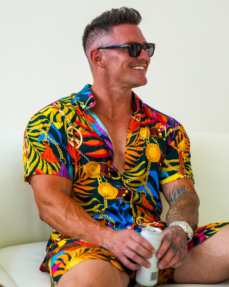 Premium Wild Jungle Print Shirt Set - Stylish & Comfortable Men's Casual Wear for Outdoor Adventures & Travel