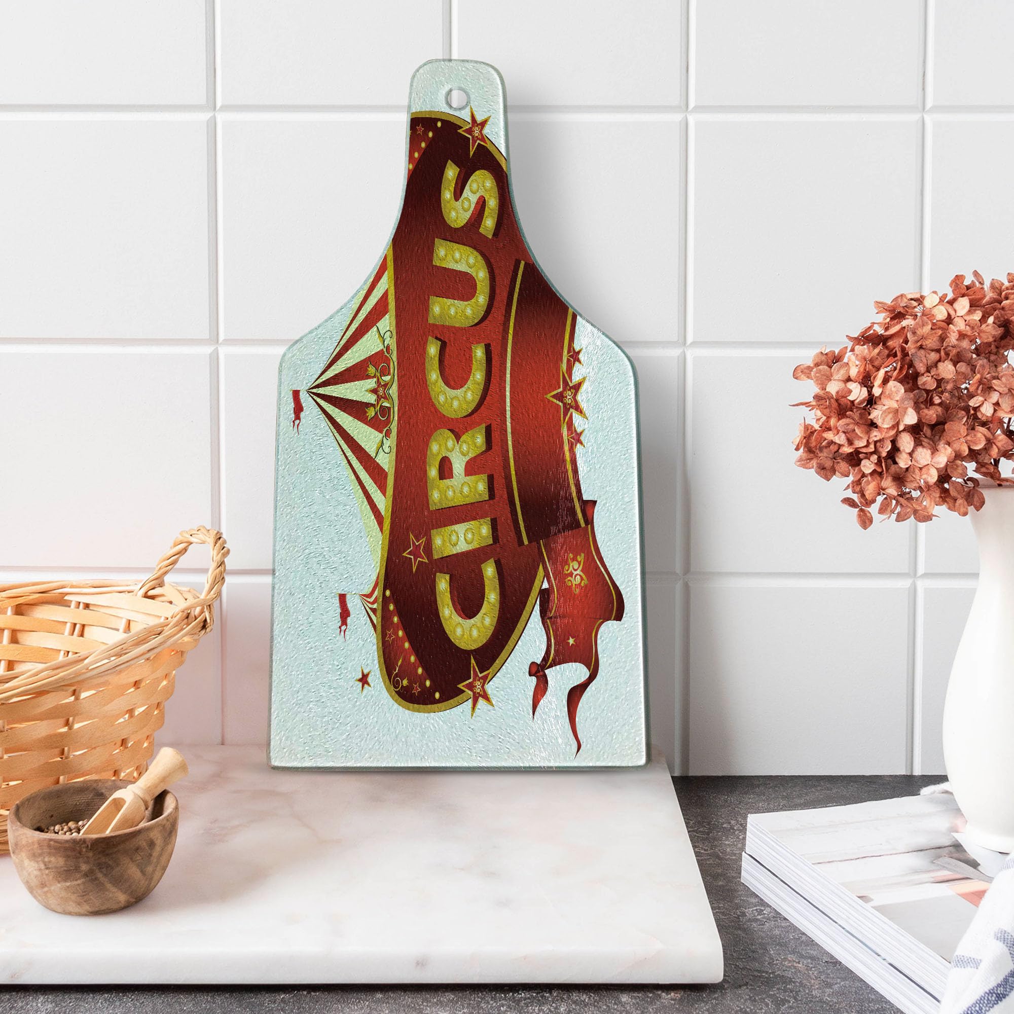 Ambesonne Circus Themed Cutting Board - Baroque Style Big Top Marquee Design, Tempered Glass Serving Board for Kitchen & Entertaining - Wine Bottle Shape in Yellow, White & Red | Perfect for Parties, Wine Tasting & Retro Home Decor