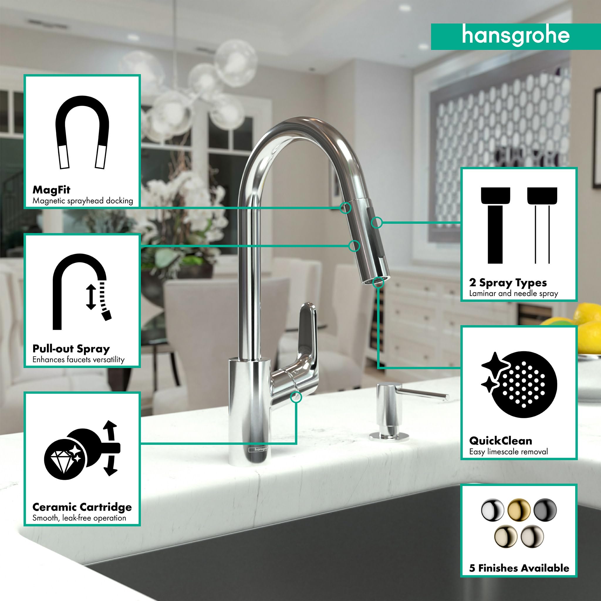 Hansgrohe Focus Chrome High Arc Pull-Down Kitchen Faucet with Magnetic Docking Spray Head - 04505000 | Modern Sink Faucet for Easy Dishwashing & Food Prep