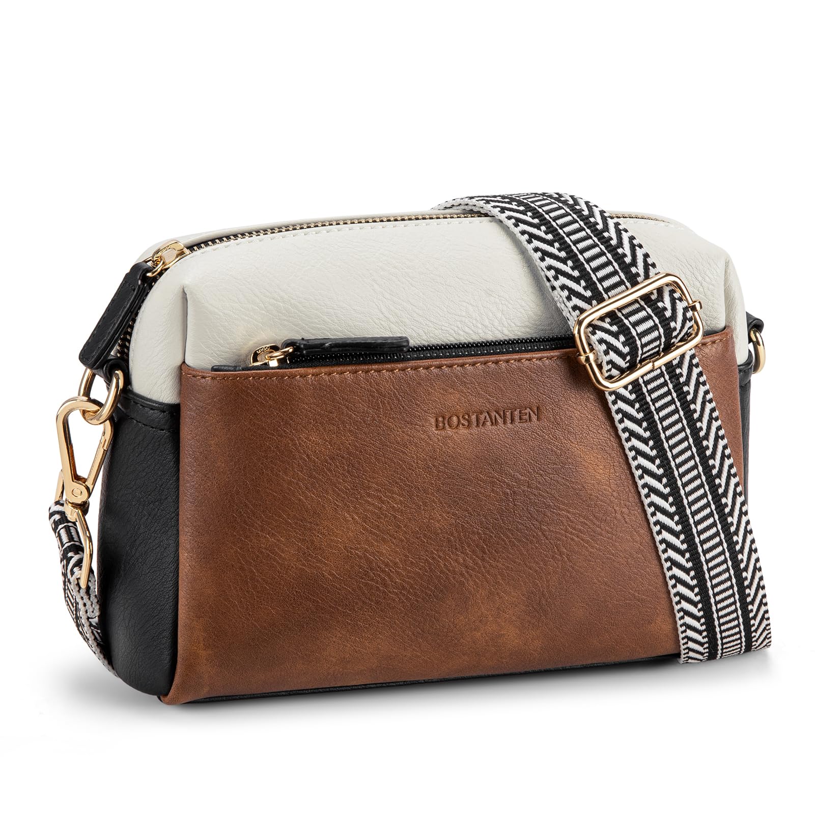BOSTANTEN Women's Small Crossbody Bag with Triple Zip - Leather Phone Purse with Adjustable Color Shoulder Strap | Perfect for Travel, Shopping & Everyday Use