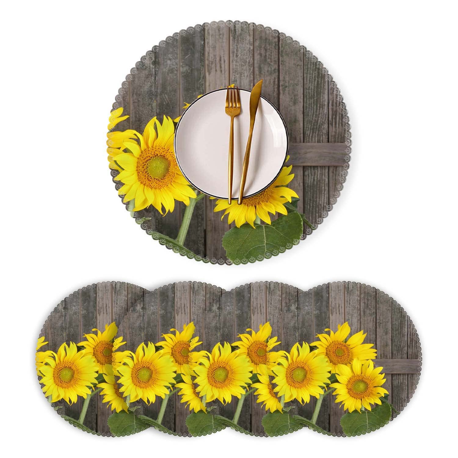 Round Heat-Resistant Washable Polyester Placemats Set of 4 - Sunflower Design for Kitchen & Dining Table Decor | Perfect for Everyday Meals, Dinner Parties & Home Styling