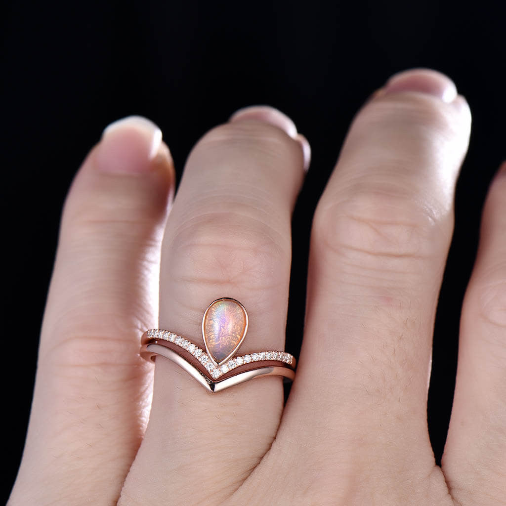 Natural Pink Opal Engagement Ring Set in 14K/18K Gold - Dainty Plain Band for Women, Wedding, Proposal & Anniversary Jewelry Gift
