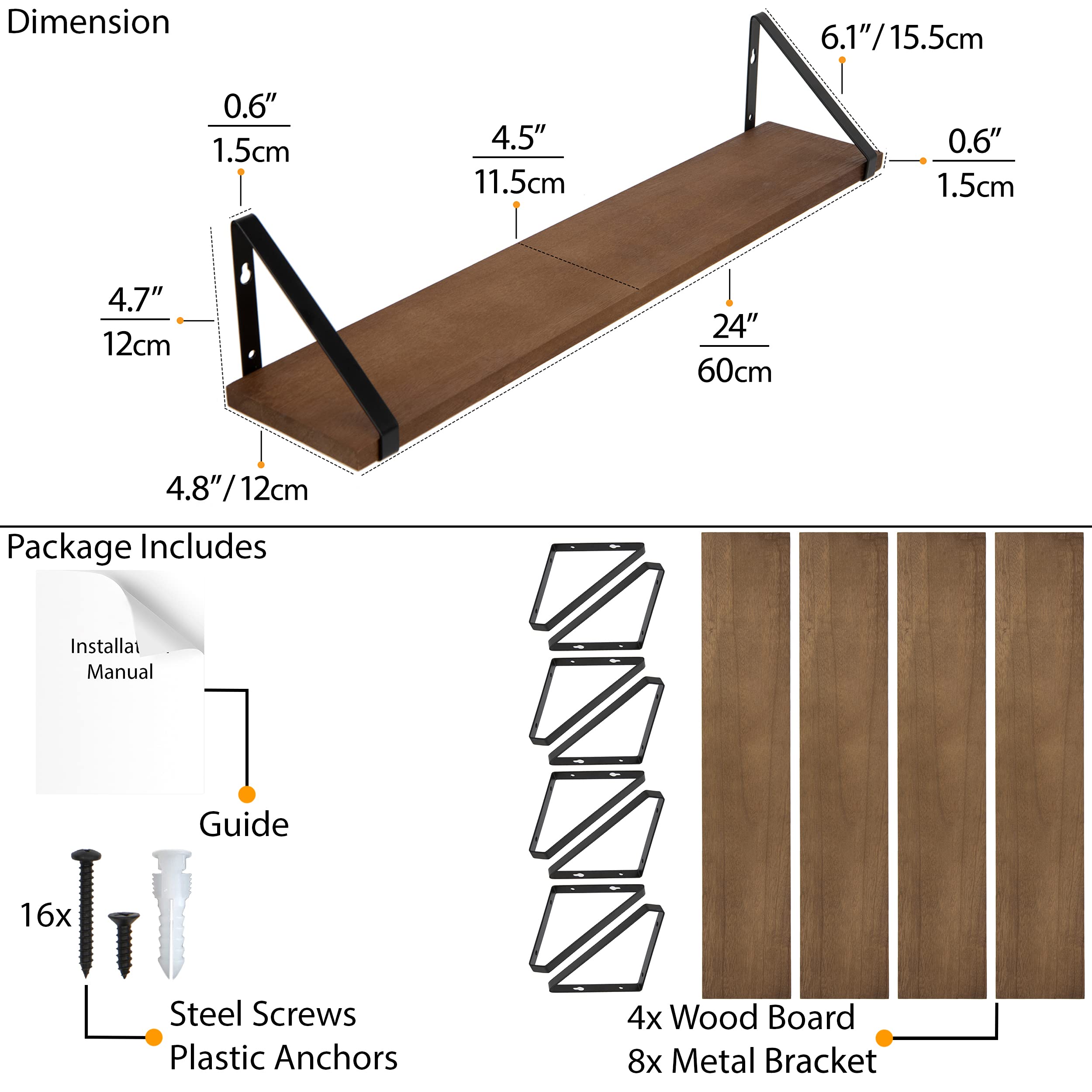 Wallniture Ponza Floating Shelves 24 Inch - Rustic Wood Wall Shelves for Bedroom, Living Room, Kitchen - Set of 4 Walnut Floating Shelves for Home Decor, Books, Plants & Storage