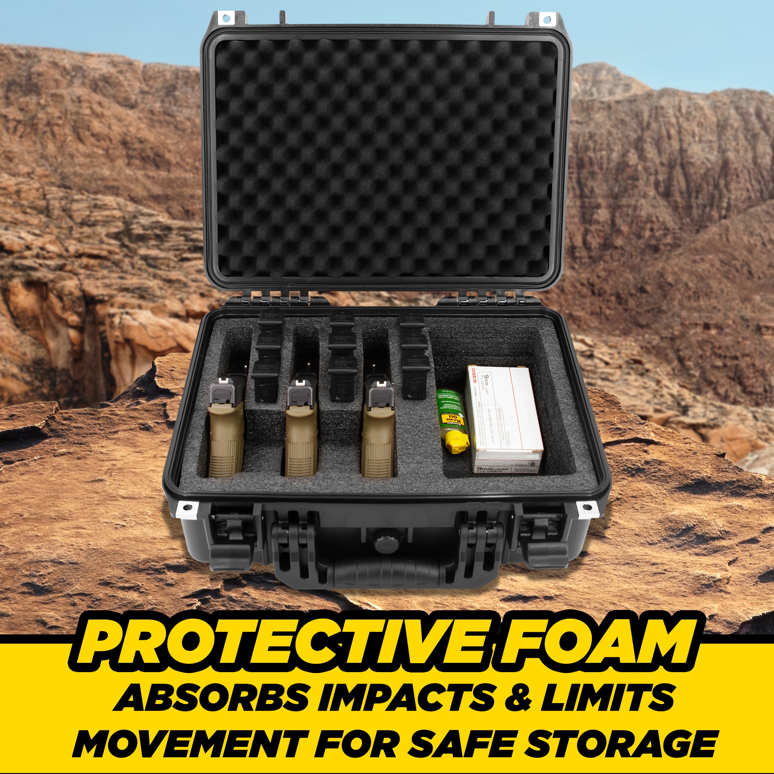 CASEMATIX TSA Approved 3 Pistol Case - 16 Inch Waterproof Handgun Case for 3 Handguns & 9 Magazines with Accessory Storage | Durable Gun Carrying Case for Travel, Range & Secure Storage | Perfect for Air Travel, Shooting Range & Firearm Protection