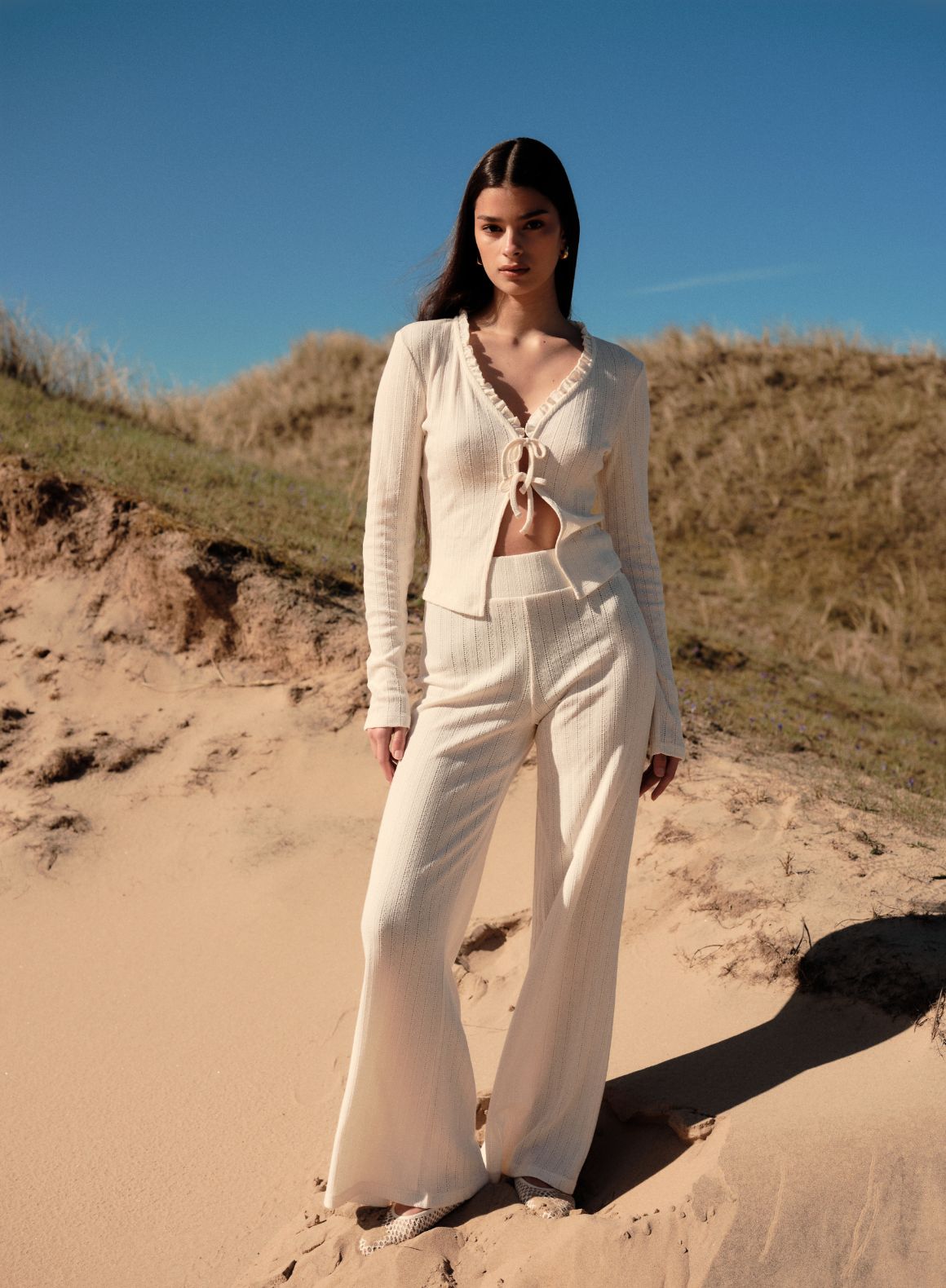 Almond White Pointelle Knit Pants for Women - Soft & Breathable High Waisted Lounge Pants - Perfect for Yoga, Sleeping & Casual Wear