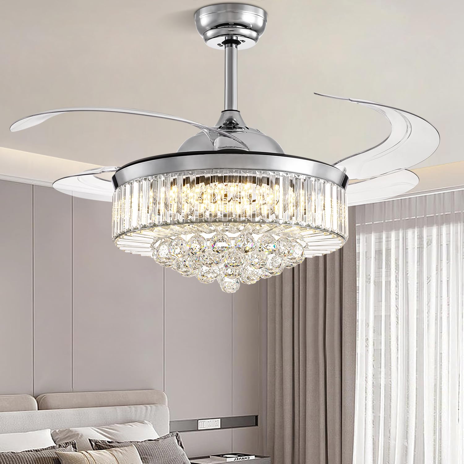 NOXARTE 48 Inch Crystal Chandelier Ceiling Fan with Light - Retractable Blades, Remote Control, Dimmable LED - Perfect for Bedroom, Living Room, Dining Room & Home Decor
