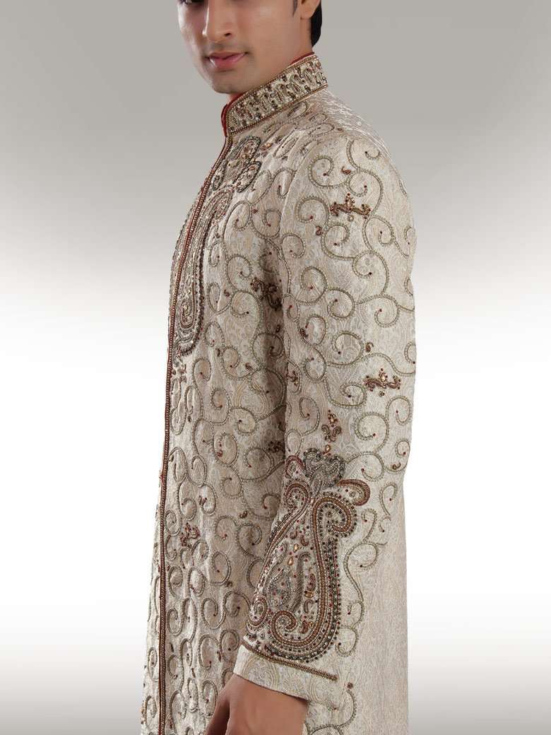 Elegant Heavy Embroidered Beige Sherwani for Men | Traditional Indian Wedding Attire | Perfect for Grooms, Festivals & Special Occasions
