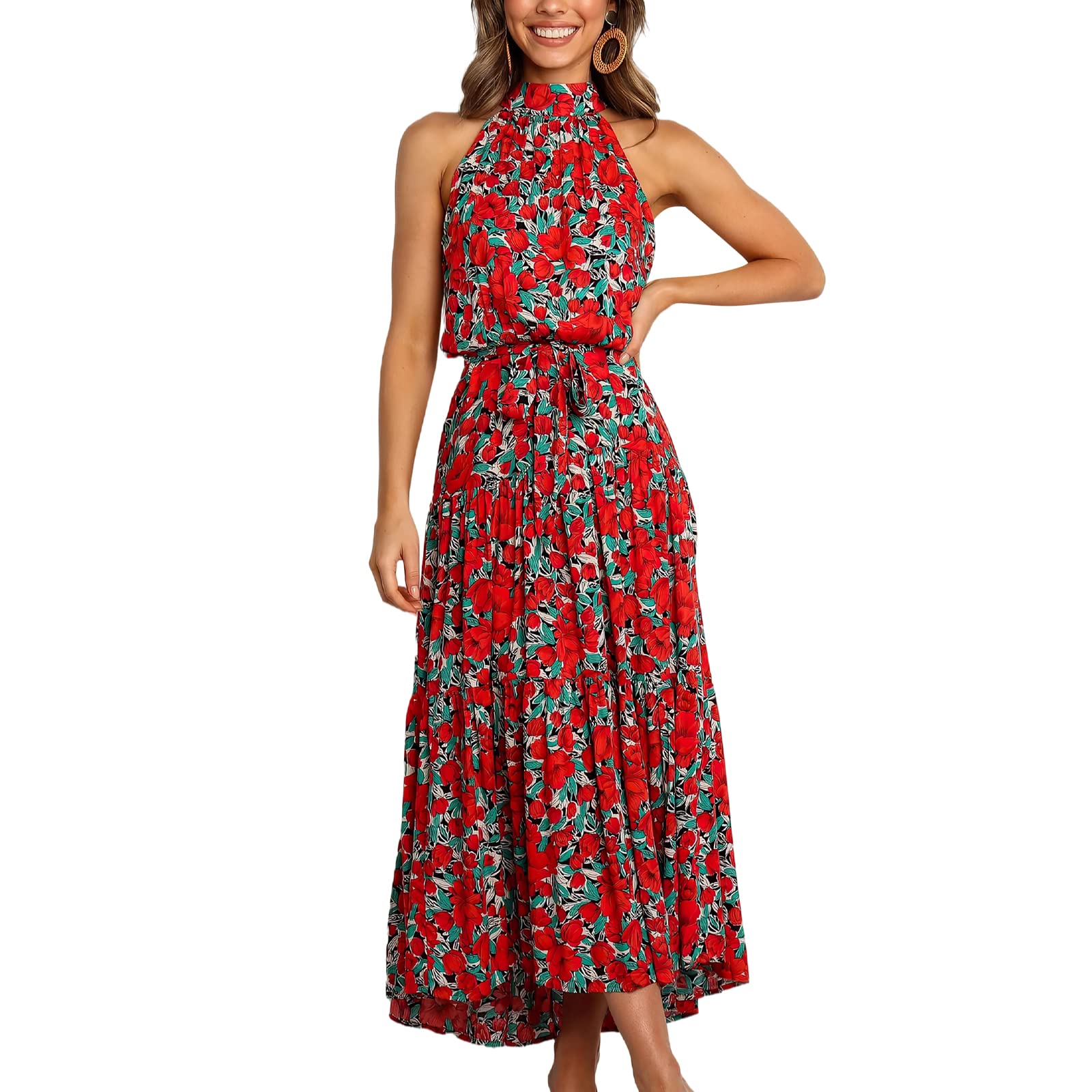 Xaspee Women's Casual Summer Dress - Short Sleeveless Halter Leopard Floral Print Soft Beach Dress for Vacation, Party & Outdoor Activities