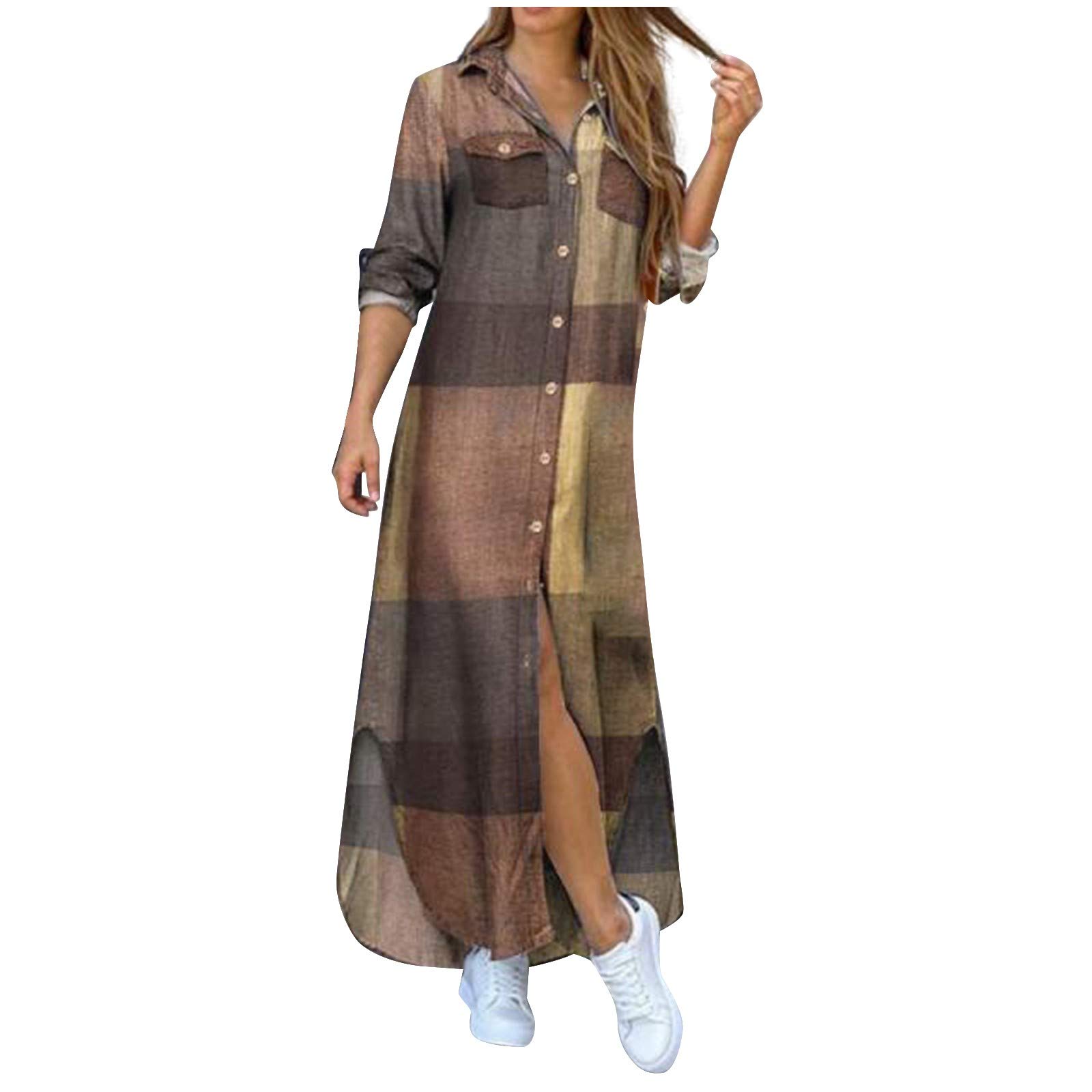 Women's Button Down Long Sleeve Shirt Dress - Loose Fitted Maxi Dress with Pockets | Casual Flowy Dress for Work, Weekend & Vacation Outfits