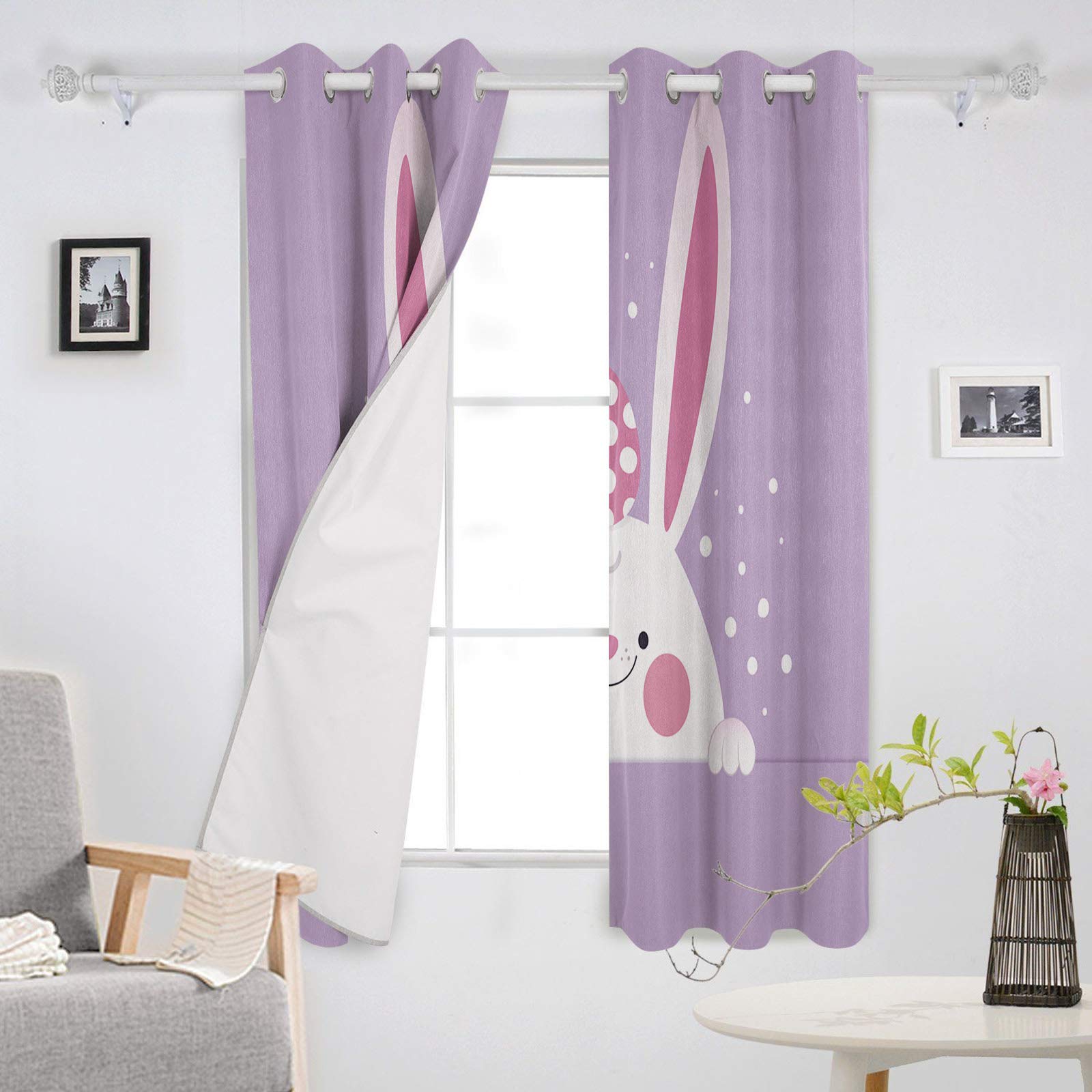 Easter Eggs Blackout Curtains - Bunny Rabbit Design Purple Room Darkening Window Shades 40x63 Inch for Bedroom & Nursery Decor
