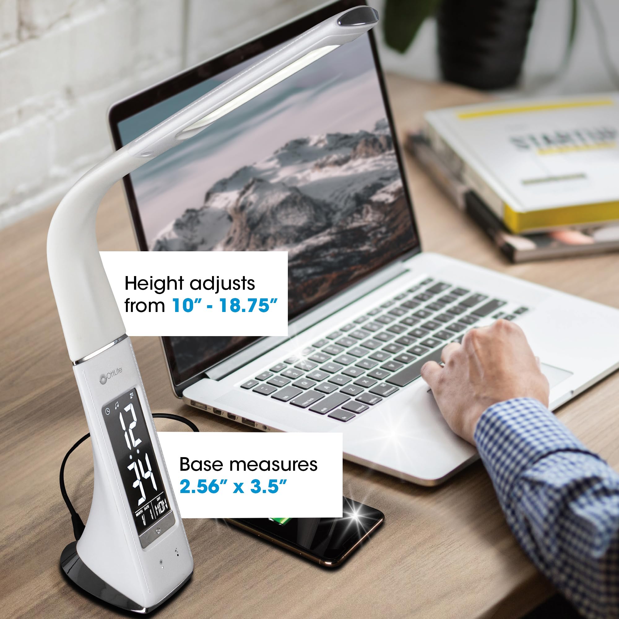 OttLite Thrive LED Sanitizing Desk Lamp with Digital Clock & USB Charger - 99.9% Bacteria Elimination, Touch Control, Adjustable Gooseneck for Home Office, Reading, Crafting | Perfect for Nightstands, Dorm Rooms & Workspaces