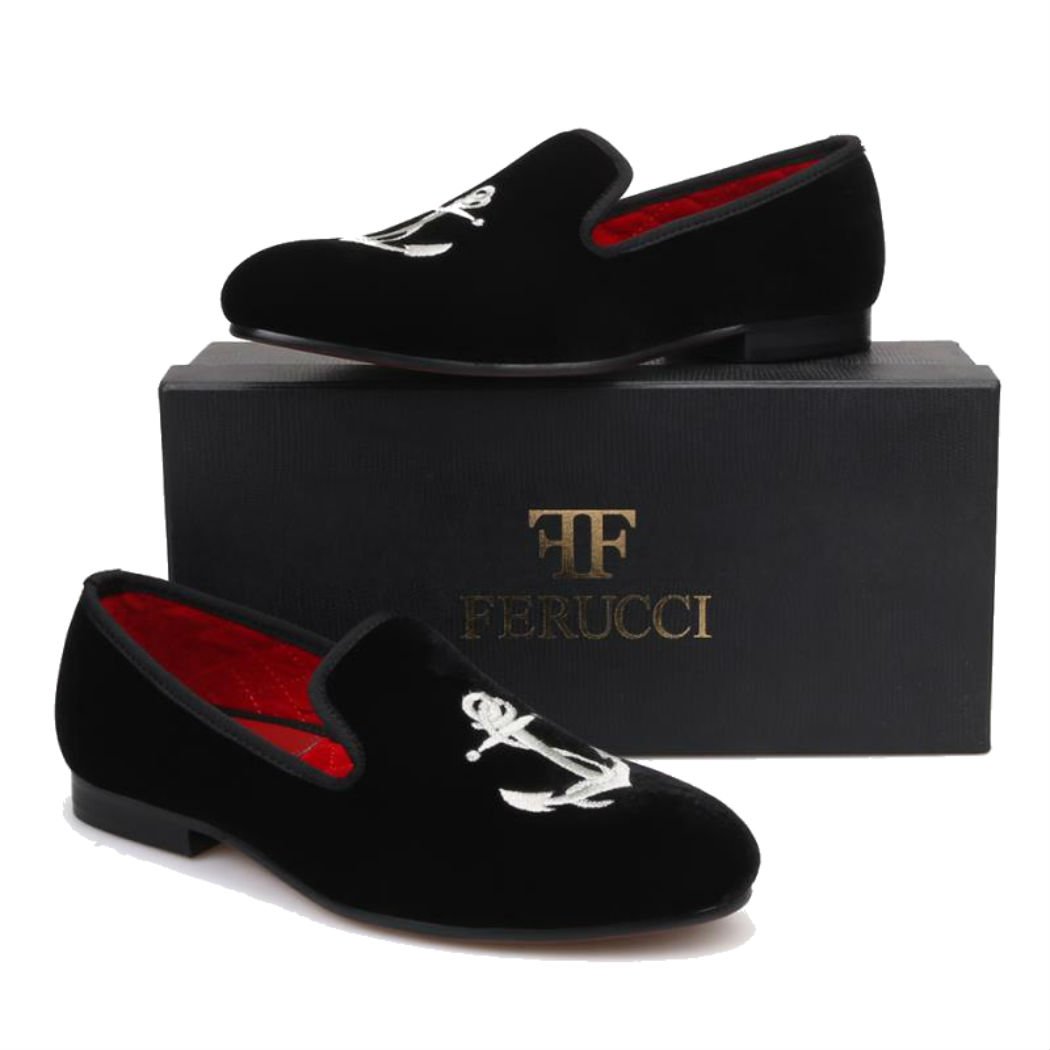 FERUCCI Handmade Men's Black Velvet Loafers with Silver Anchor Detail - Comfortable House Slippers for Indoor/Outdoor Wear, Perfect Gift for Dad & Husband