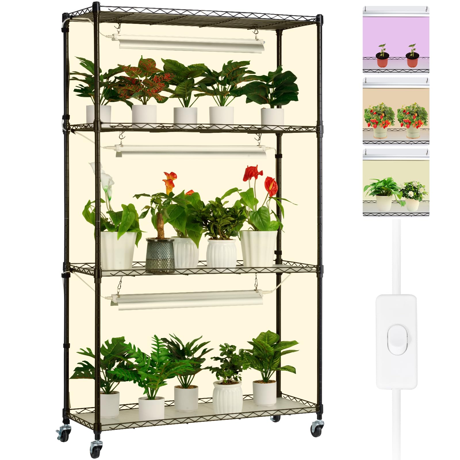 VEVOR 4 Tier Metal Plant Stand with 90W Full Spectrum Grow Light - Adjustable Indoor Plant Shelf with 3 Lighting Modes for Seed Starting, Herbs & Houseplants - Perfect for Home, Office & Garden Plant Display