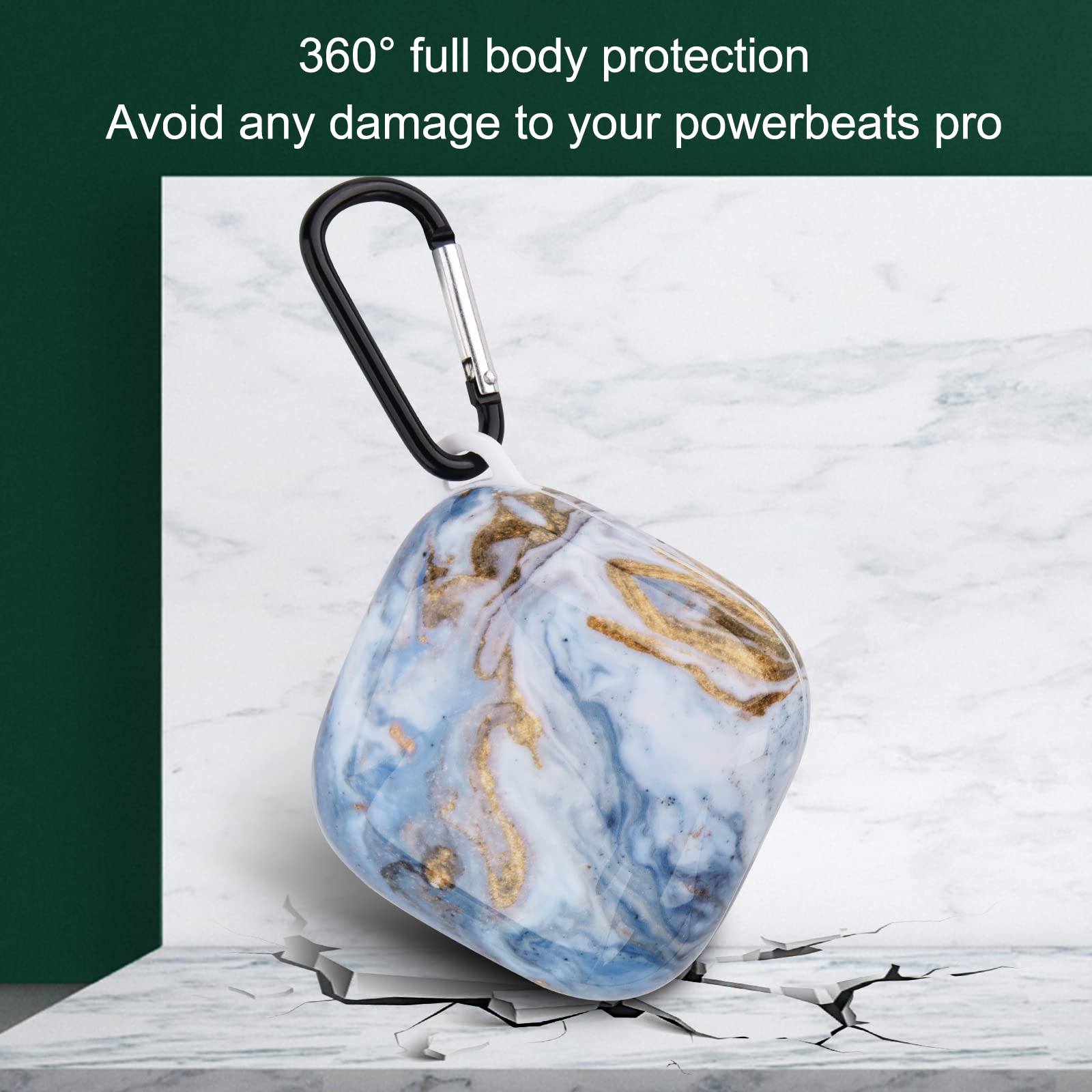 Shockproof Protective Case for Beats Powerbeats Pro - Upgraded Anti-Lost Design with Carabiner Clip, Marble Blue | Perfect for Gym, Running, Travel & Outdoor Activities