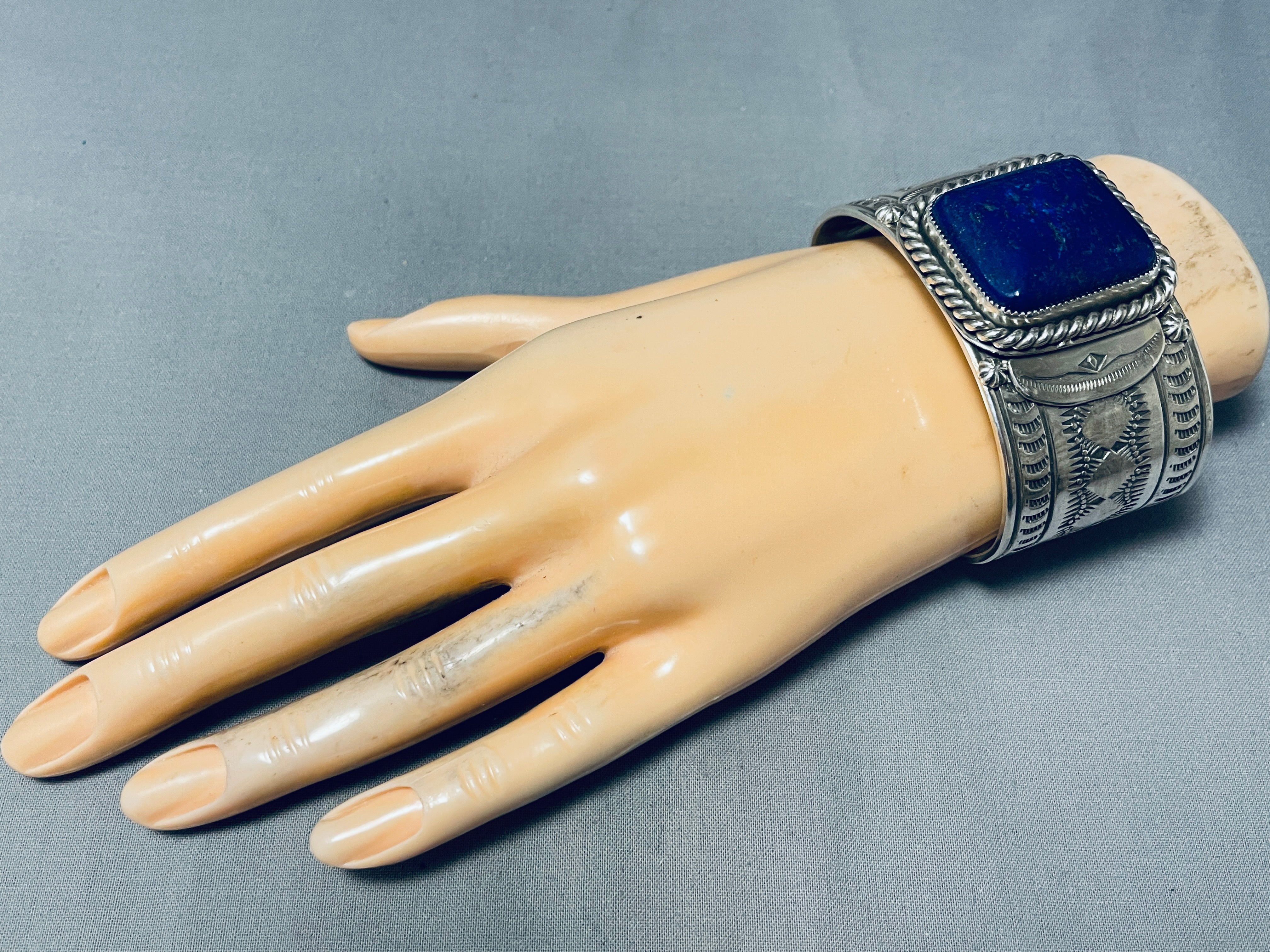 133 Gram Hand Poured Coin Silver Lapis Lazuli Bracelet - Heavy Statement Jewelry for Women, Boho Chic Accessories for Parties, Weddings & Special Occasions